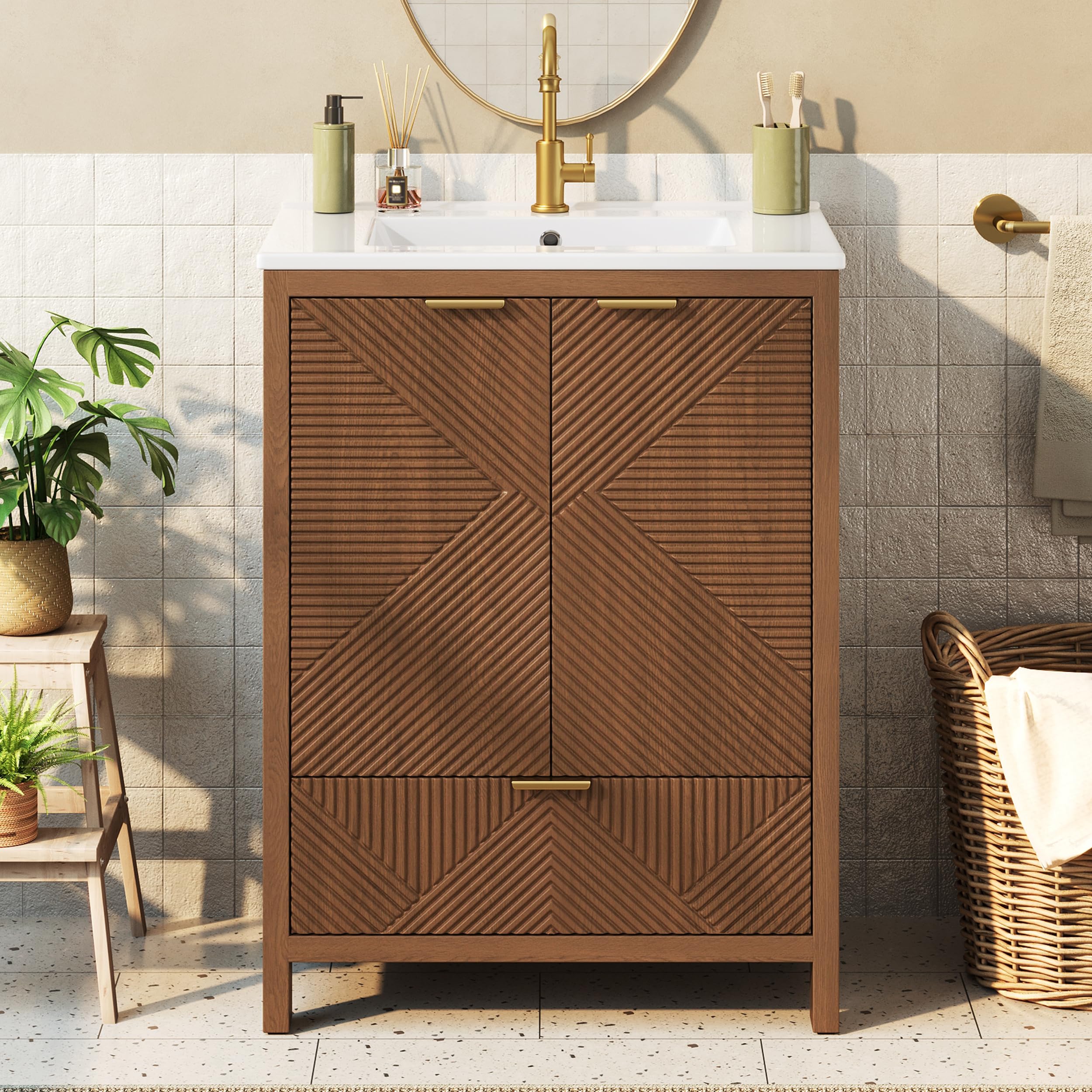 Merax Armario de lavabo con lavabo de cerámica de 61 cm, armario de baño con efecto ondas, 1 cajón y 2 puertas, cierre suave, estantes para puertas, nogal, 61 x 47 x 87 cm