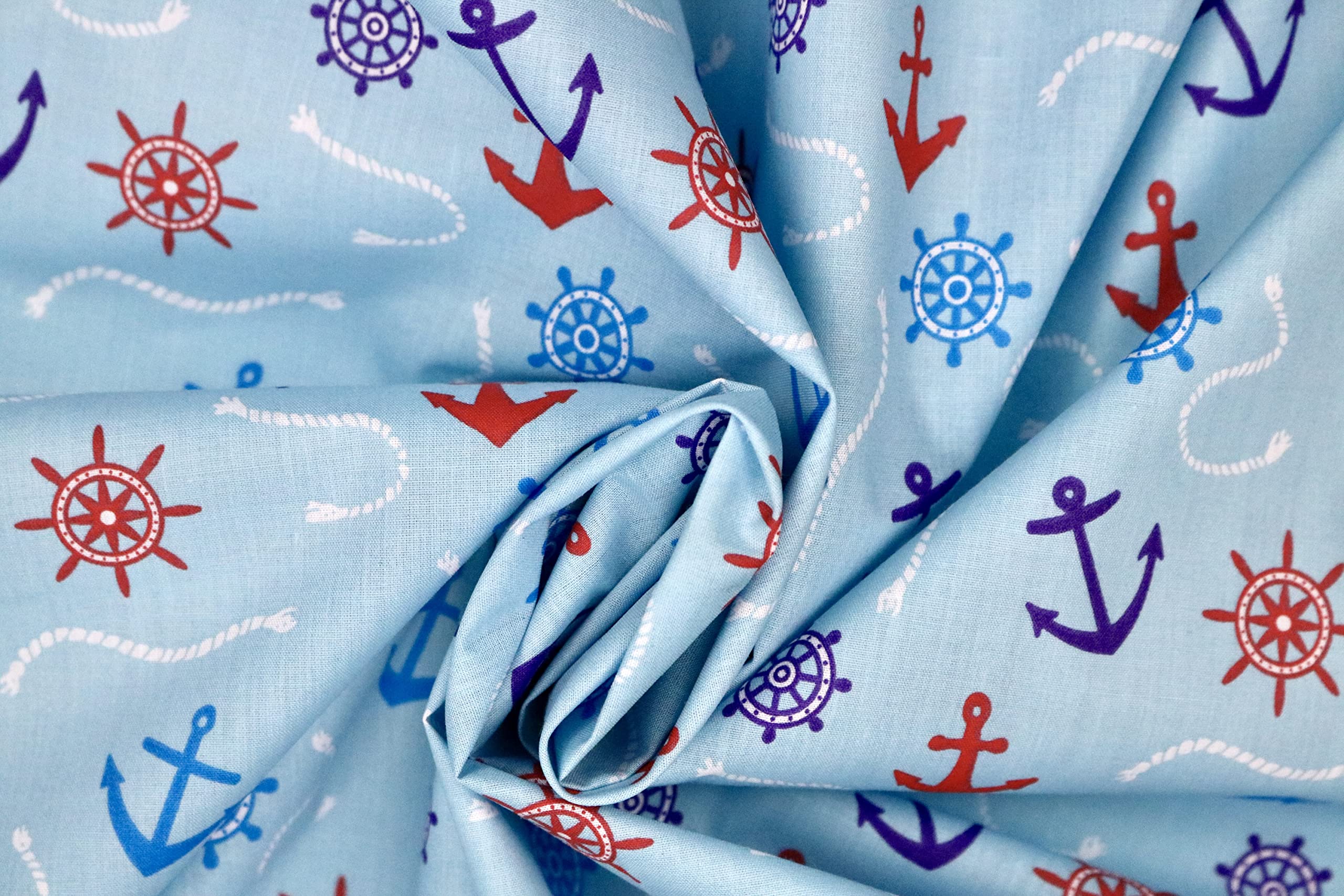 Pyrhan Anchor Patterned Polycotton Prints –Similar to 100% Cotton Fabric by Metre -45 inches Wide Perfect Fabric Material for Sewing for Beach Theme Projects- Fabric by Metre Clearance (Sky)