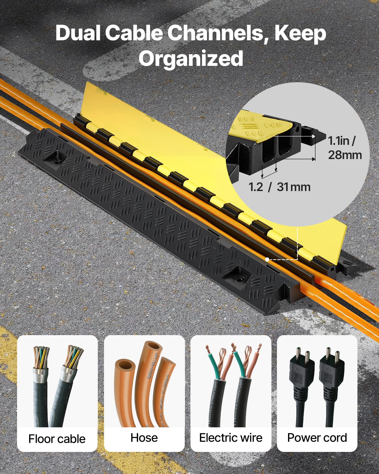 VEVOR Protector de Cables para Suelo de 2 Canales de 31 x 28 mm, Rampa de Protección de Cable Carga de Capacidad de 9979 kg, Rampa para Interiores, Exteriores, Hogar, Oficina, Almacén, 3 Piezas