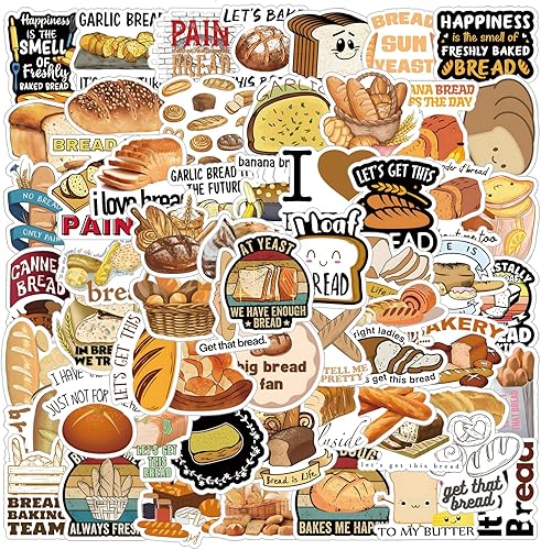 Calcomanías de pan, 61 calcomanías de dibujos animados lindos de comida, calcomanías estéticas impermeables de vinilo para botella de agua, laptop,