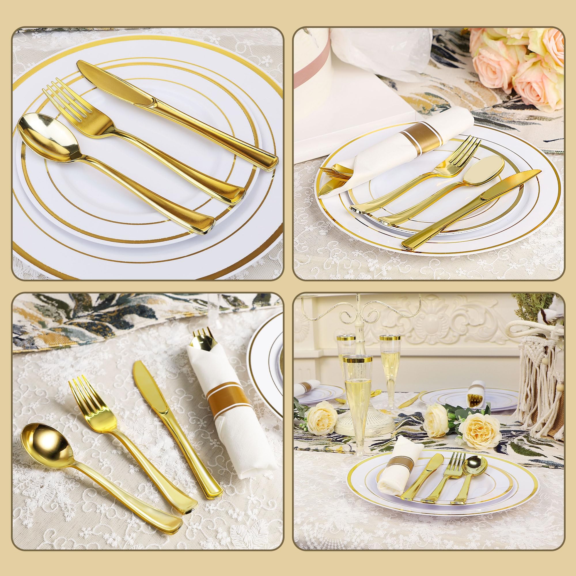 Zcaukya 200 Pieces Gold Plastic Silverware Set, Disposable Cutlery Set Including 100 Forks, 50 Knives and 50 Spoons, Eating Implements Flatware in Bulk for Dinner, Weddings and Birthday Parties