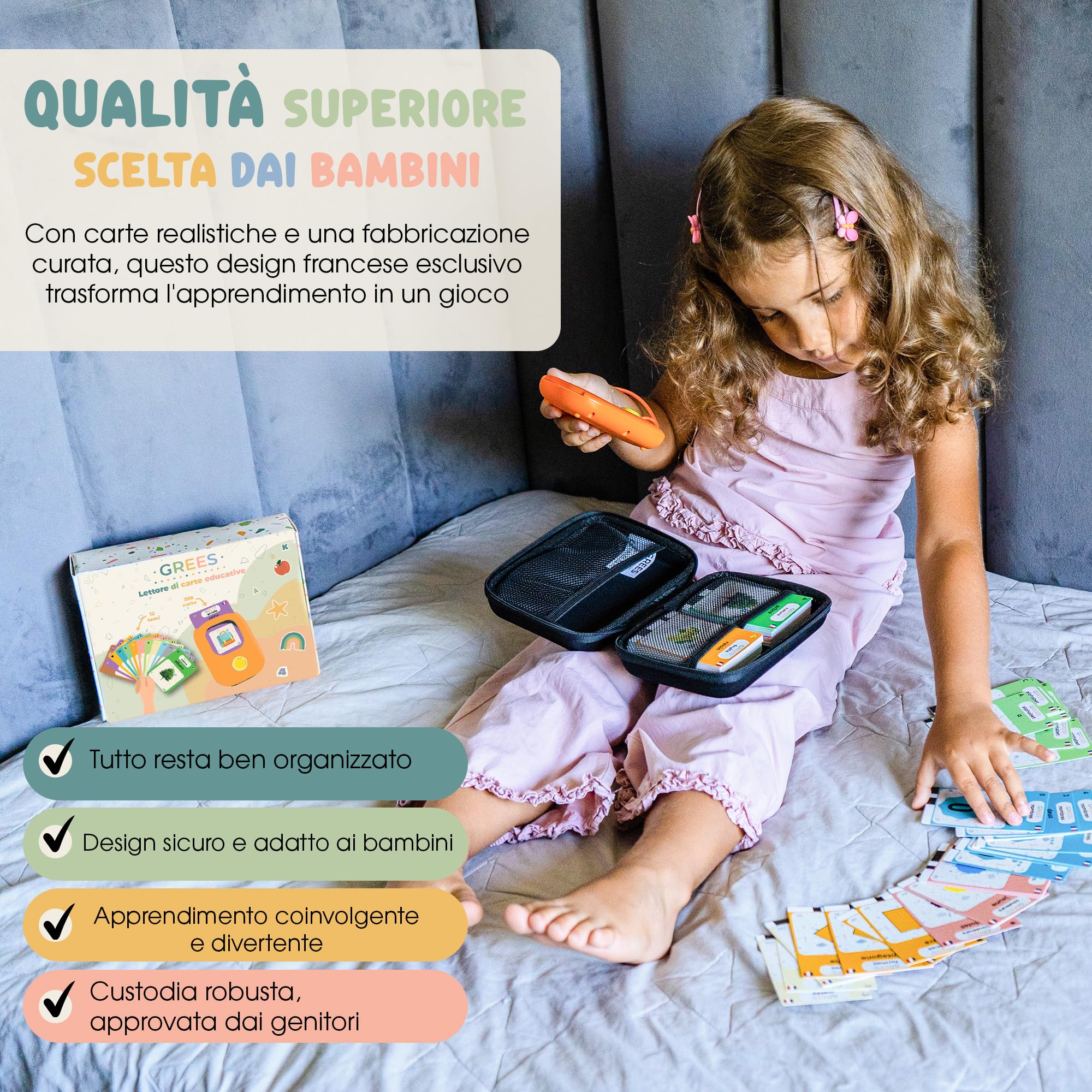 GREES Lettore Carte Educative Parlanti con Borsa | Flash Cards 258 Parole Italiano, 12 Temi | Giocattoli Montessori Senza Schermo Bambini 2-7 Anni | Linguaggio, Logopedia, Autismo | Regalo Compleanno