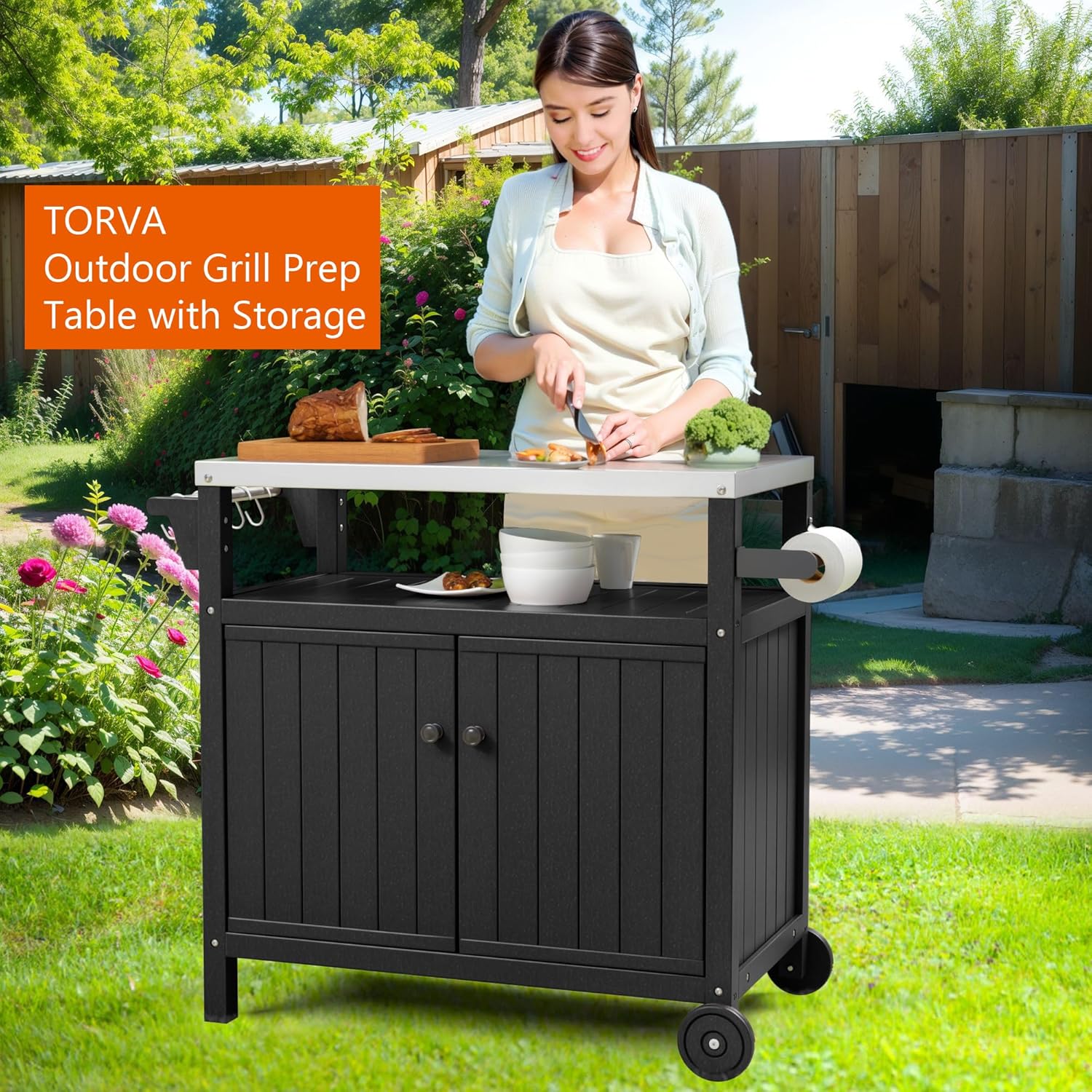 TORVA Portable Outdoor Grill Prep Table with Storage, Waterproof Outdoor Grill Cabinet, Stainless-Steel Tabletop Outdoor Kitchen Island, BBQ Cart with Wheels, Hooks and Side Shelf | Black