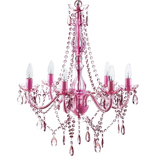 6 Light Pink Hardwire Flush Mount Chandelier H26”xW22”, Pink Metal Frame with Pink Glass Stem and Pink Acrylic Crystals & Beads That Sparkle Just Like Glass