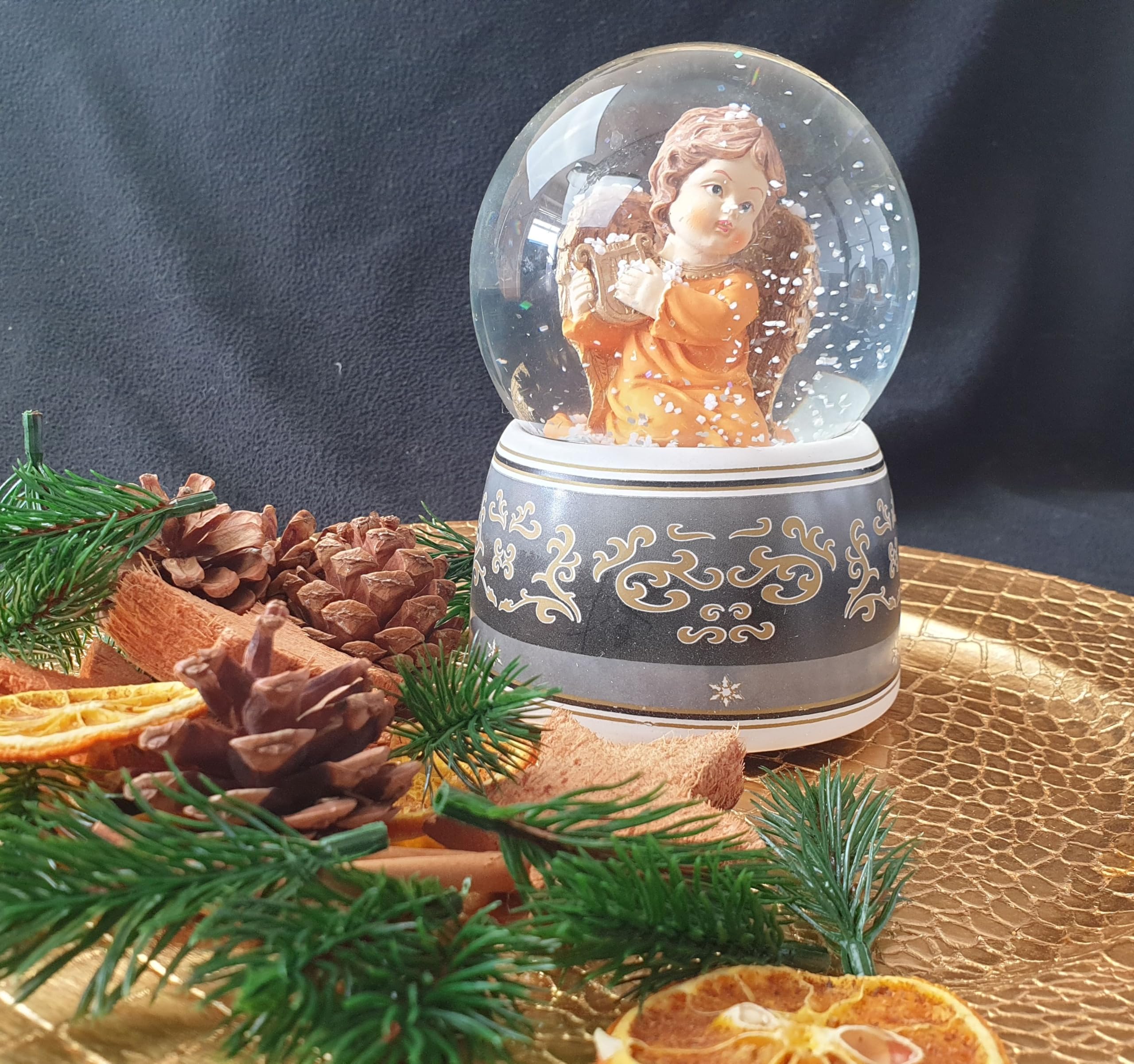 Schneekugel Spieluhr Engel | Harfe mit Flügel Gold mit Spieluhr Ode an die Freude | 140mm hoch | 100mm Durchmesser | Schüttelkugel Glitzerkugel | 20034