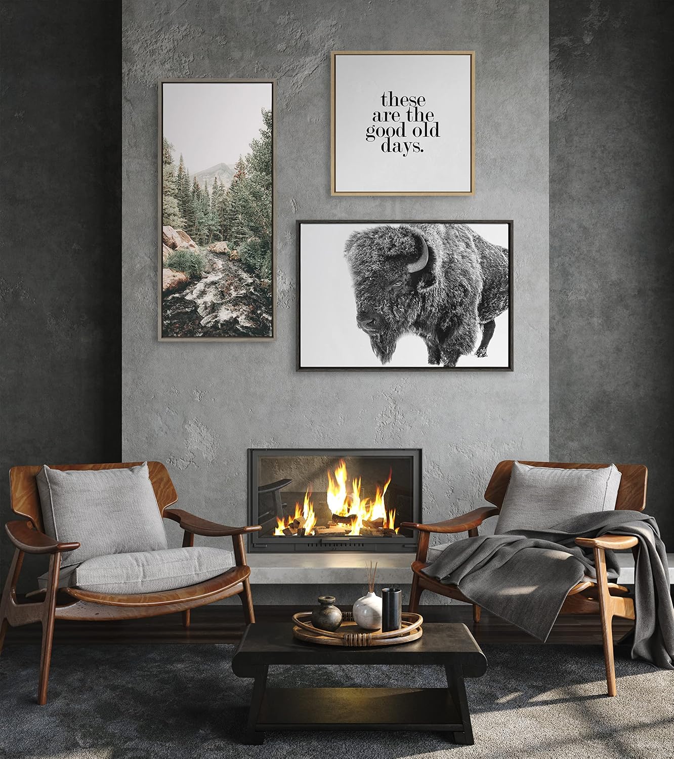 Kate and Laurel Sylvie Bison in Snow Black and White Framed Canvas Wall Art by Amy Peterson Art Studio; 23x33 Gray
