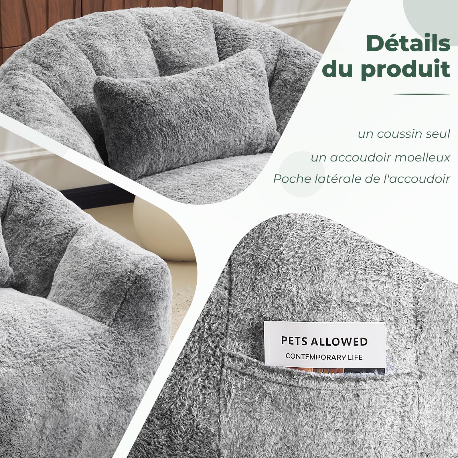 Pouf pour adultes, fauteuil lounge moelleux en fausse fourrure avec coussin, capacité de charge jusqu’à 160 kg, emballage sous vide & sans montage, pour salon, chambre, balcon, gris