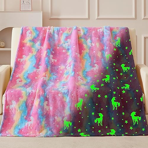 QSTEHEML Unicorn Glow in The Dark Blanket,Unicorn Gifts Toys for Kids Girl Age 3-12 Years Old,Birthday Gifts for Toddler, Teen,Christmas Birthday Bedroom Decor 50"×60"