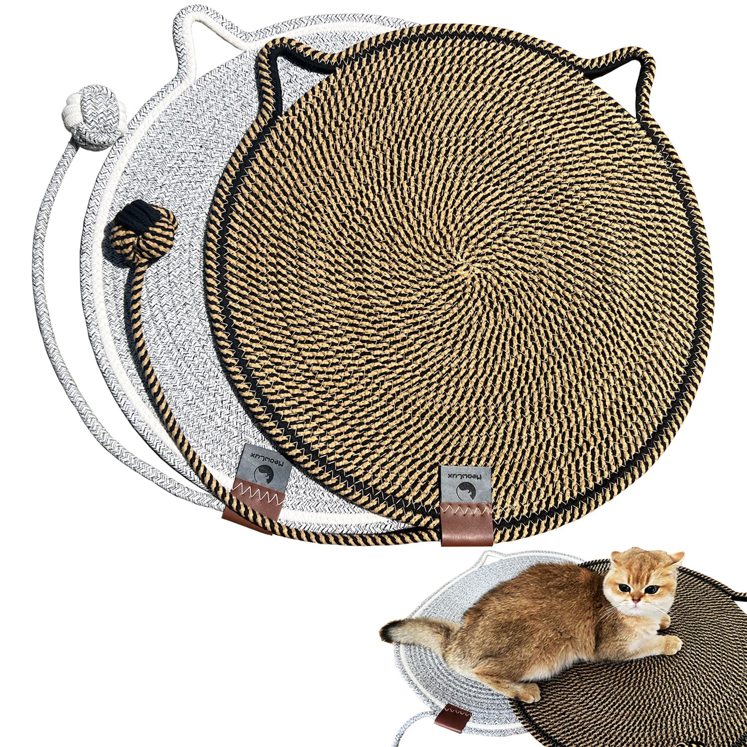 Paquete de 2 alfombrillas grandes para rascar gatos, almohadillas de cuerda de algodón natural con juguete, almohadilla rascadora para gatos de 19.6 pulgadas, ideal para rayar, jugar, relajarse