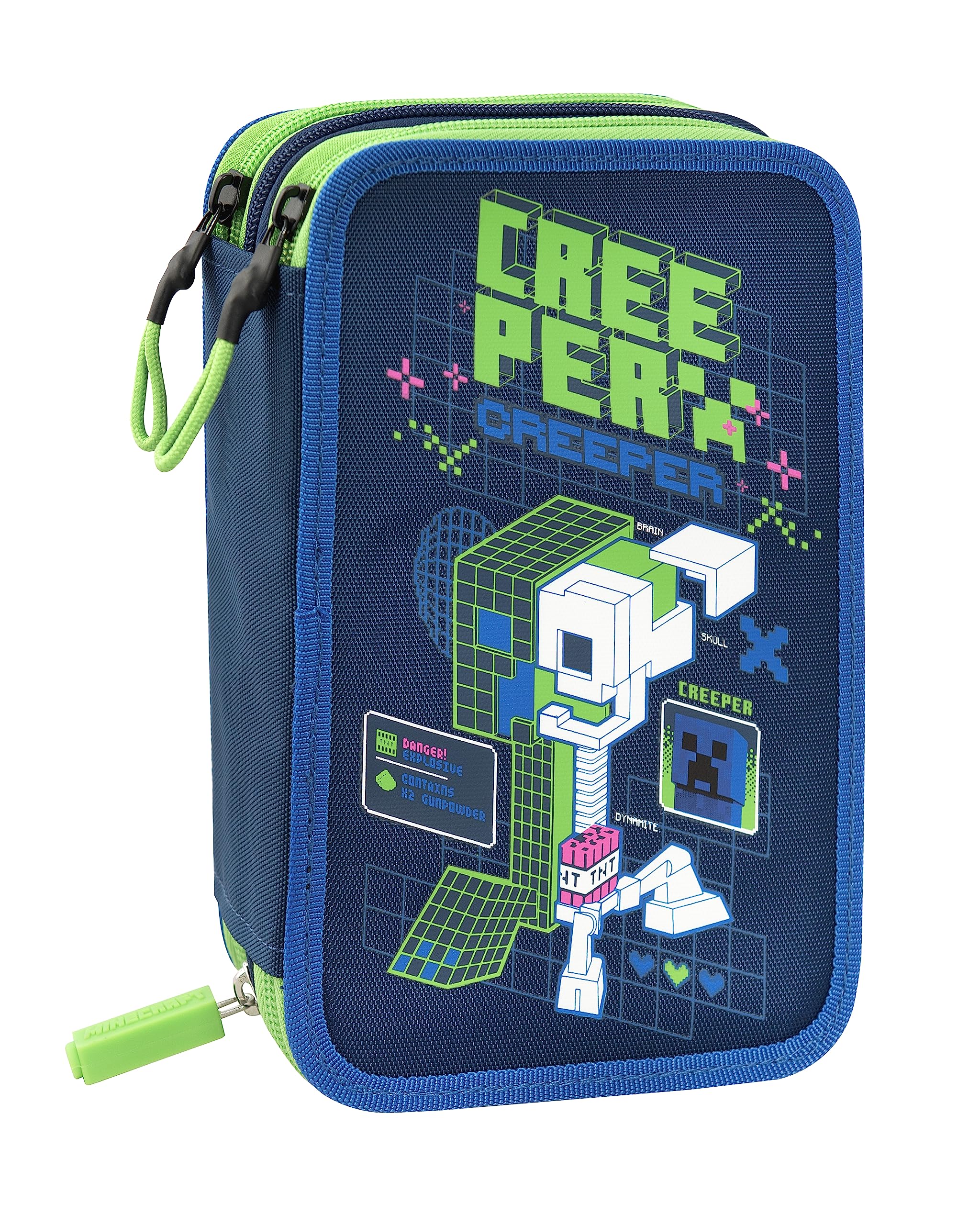 MINECRAFT - Astuccio 3 Scomparti Bambina e Bambino con Cancelleria Scuola Integrata e Vani Portapenne + Penna Cancellabile - Astuccio Scuola Organizer Grande, Blu - 20x12Hx7