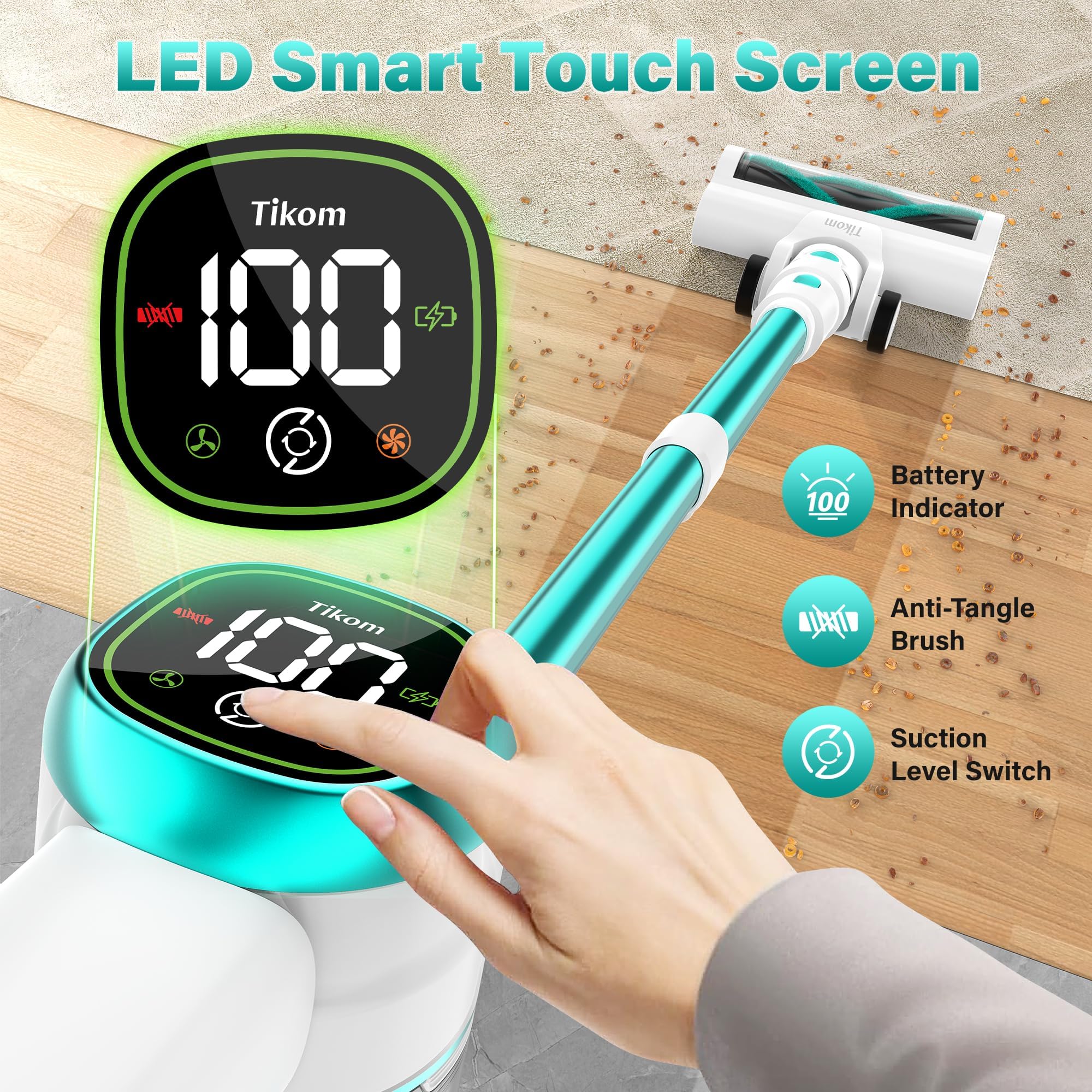 Tikom V500 Cordless Vacuum Cleaner for Home, 40000Pa/450W Stick Vacuum with LED Touch Screen, Charging Wall Dock, Anti-Tangle view 3