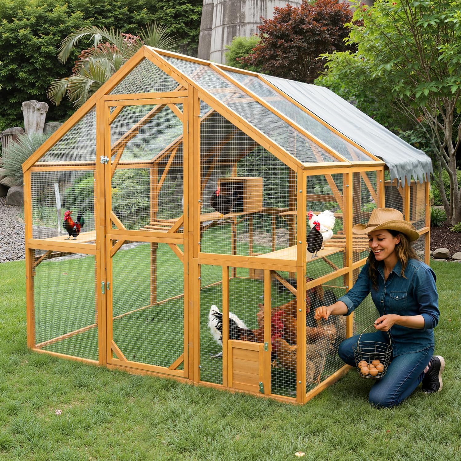 Outdoor Yellow Chicken Coop Enclosures 110" Large Kitten Playpen Yellow Walk-in Style Catios Outdoor Lawn, Porch Summer Fun