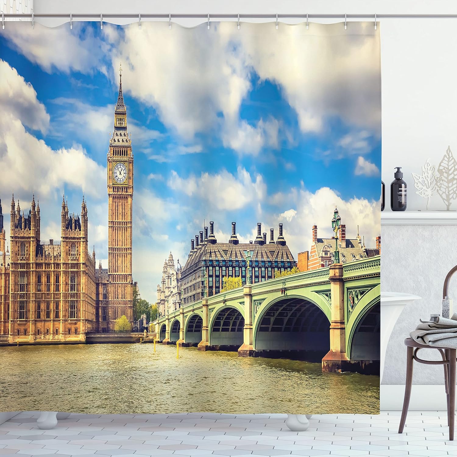 Ambesonne London Shower Curtain, Big Ben Clock Tower and Westminster Bridge Cloudy Day in Spring, Cloth Fabric Bathroom Decor Set with Hooks, 69" W x 70" L, Pale Green Pale Brown