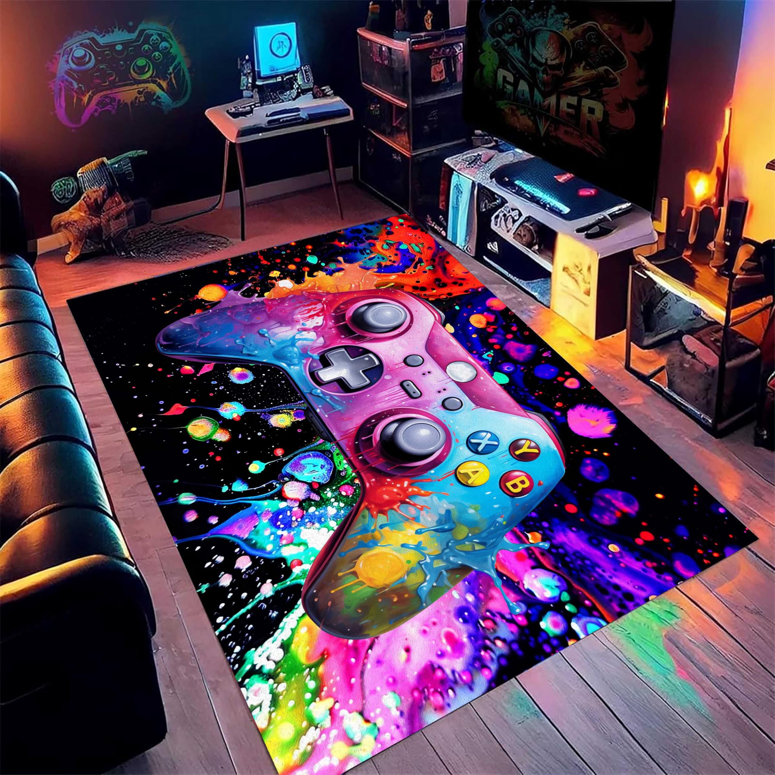 Gamer Gaming Teppich, 100x150cm, Pink-Blauer Gaming Teppich, Abstrakter Doodle-Gamepad-Teppiche, Bodenmatte Großer Fußmatte für Spielzimmer, Kinderzimmer, Wohnzimmer, Schlafzimmer