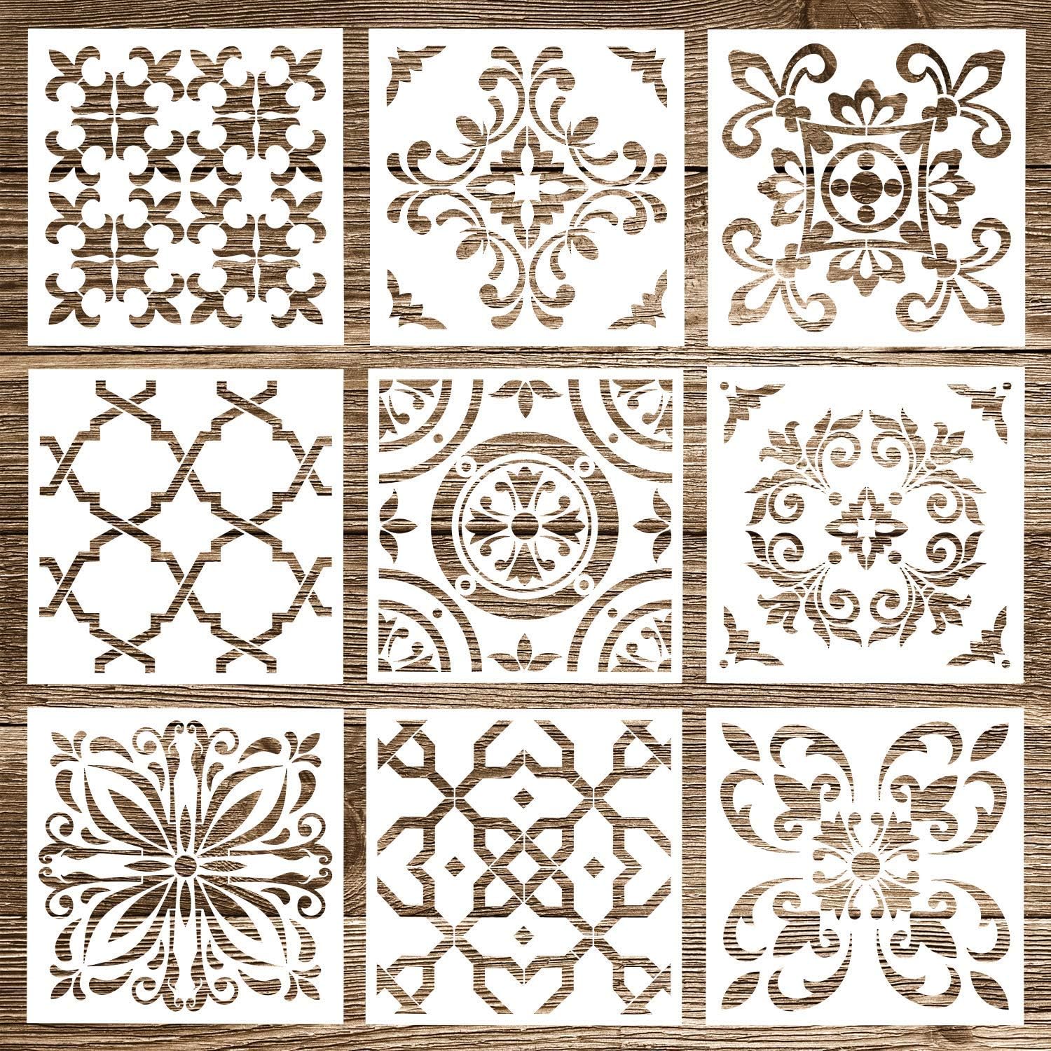 Whaline 9 Pack Mandala Stencils Floor Painting Template Set (6x6 inch) Reusable Stencils Tile for Airbrush, Furniture Floor Tiles, Walls Art and Stone Rock Painting