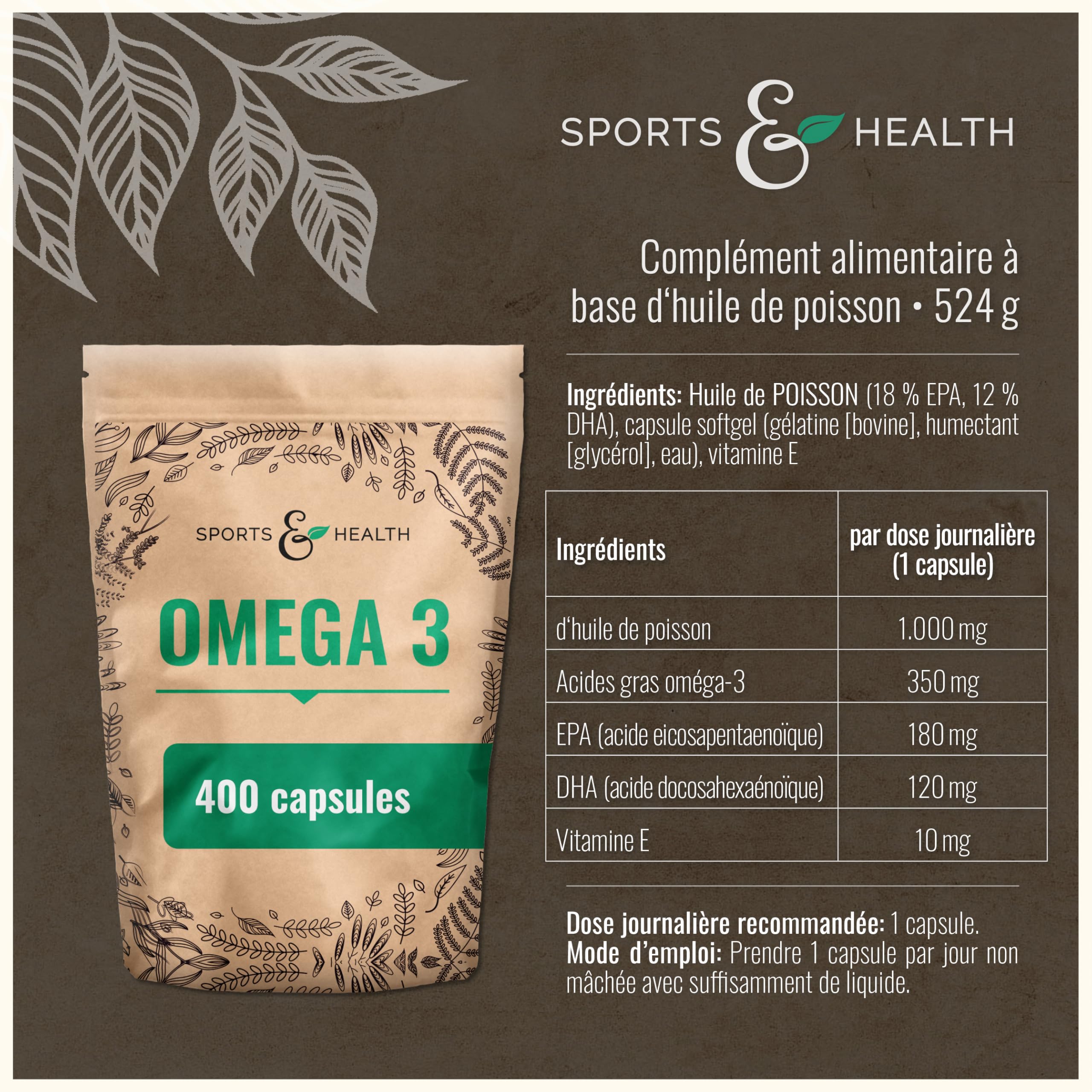 Gélules d'Huile de Poisson Oméga 3-400 gélules de qualité supérieure - 1000mg d'acides gras Oméga 3 par gélule - Qualité des gélules d'huile de poisson