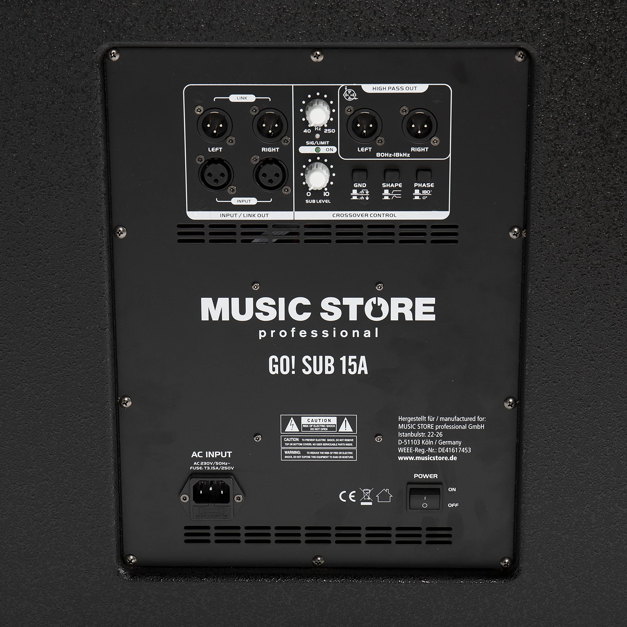 Music Store Go! Sub 15A Aktiver Subwoofer 15 Zoll, 1000 Watt Class D Endstufe, M20 Gewinde, XLR Eingang & Ausgang, 45-250Hz Frequenzgang, Holzgehäuse - Perfekt für Veranstaltungen und Konzerte