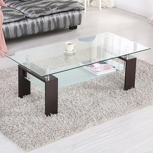 Miniatura 3 de Mesa de centro rectangular de cristal, mesa de centro lateral moderna de nogal con estante inferior, patas de metal, para sala de estar