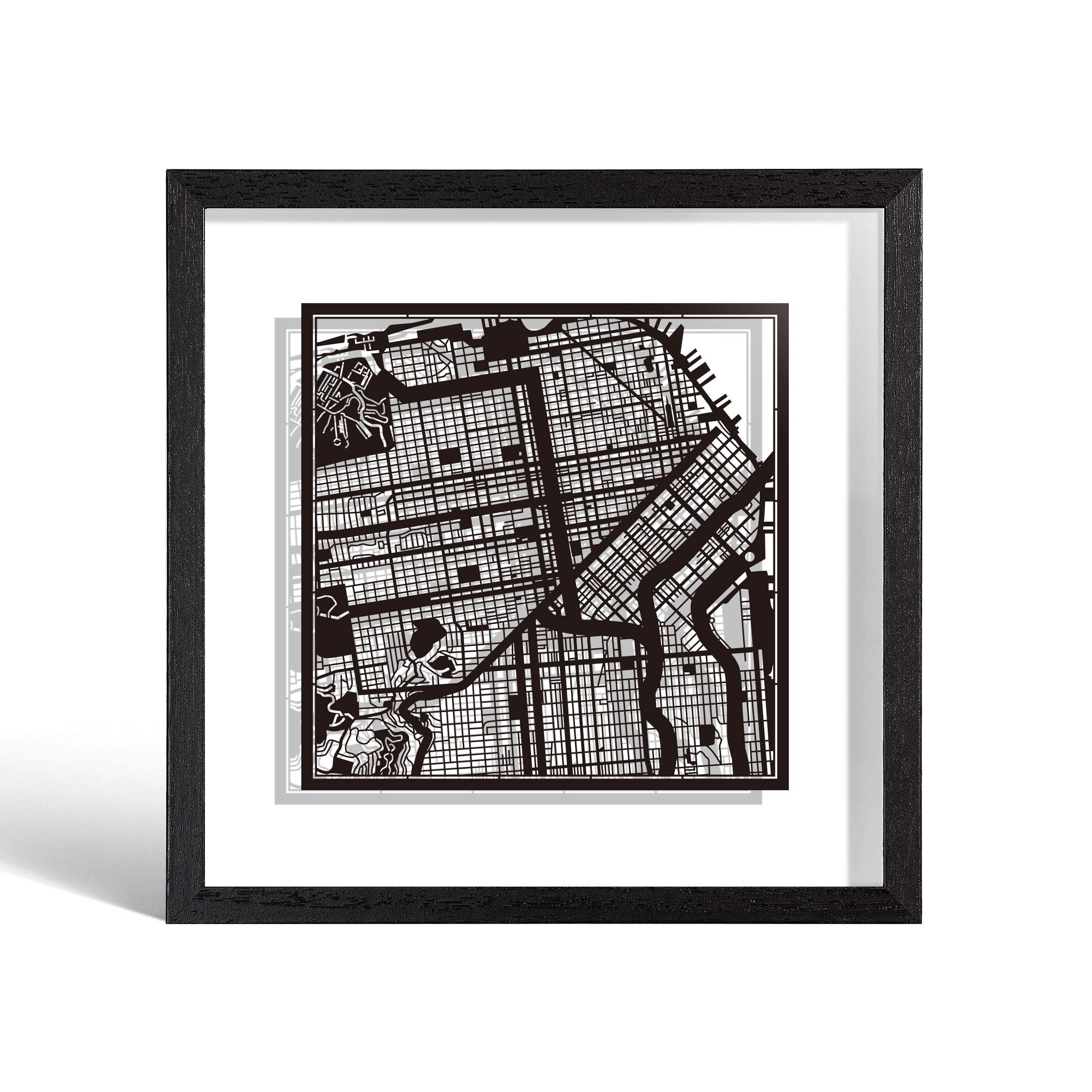 O3 DESIGN STUDIO San Francisco Paper Cut Map framed, Black map, Black frame, 9x9 inches, Gift Boxed, 2 background color, self-changing, Paper Art โ image 1