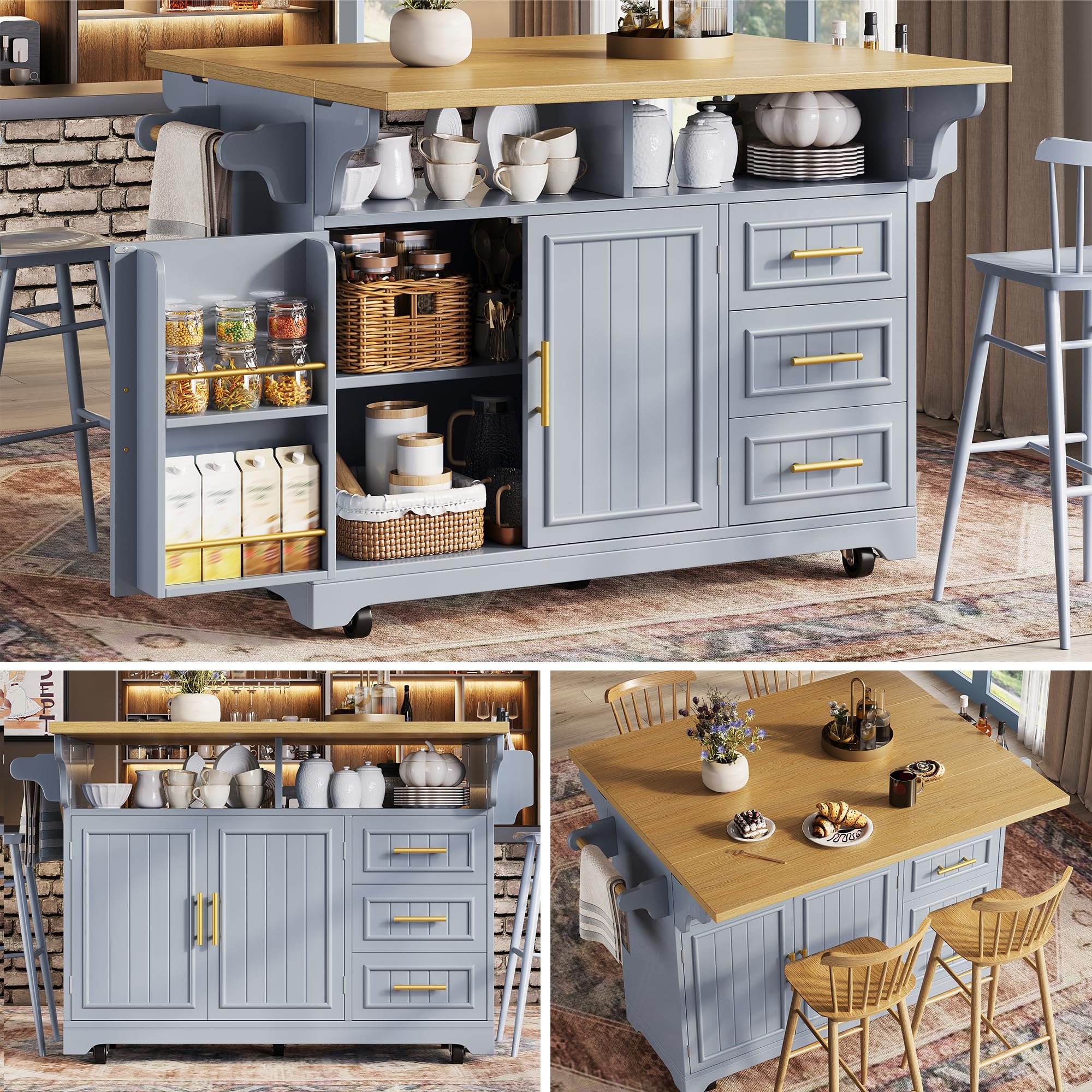 Isola da cucina multifunzionale, credenza da cucina su ruote, espansione tavolo da pranzo posizionabile liberamente, ante con motivo verticale, vano portaoggetti con cassetti, blu