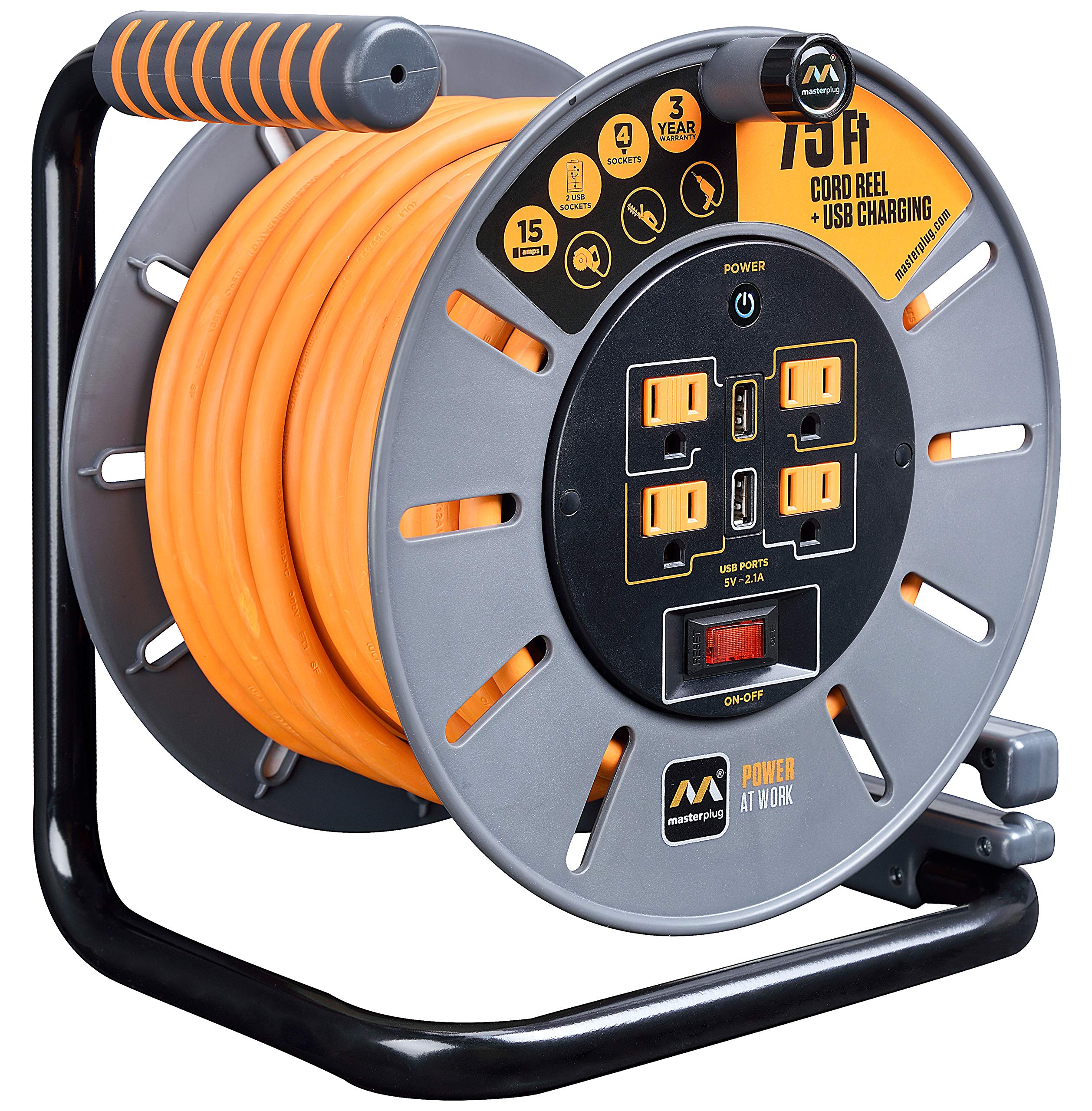 Power at Work - Avvolgicavo aperto con quattro prese di corrente, maniglia di avvolgimento e due porte di ricarica USB, interruttore di sicurezza per sovraccarico e interruttore di alimentazione, cavo