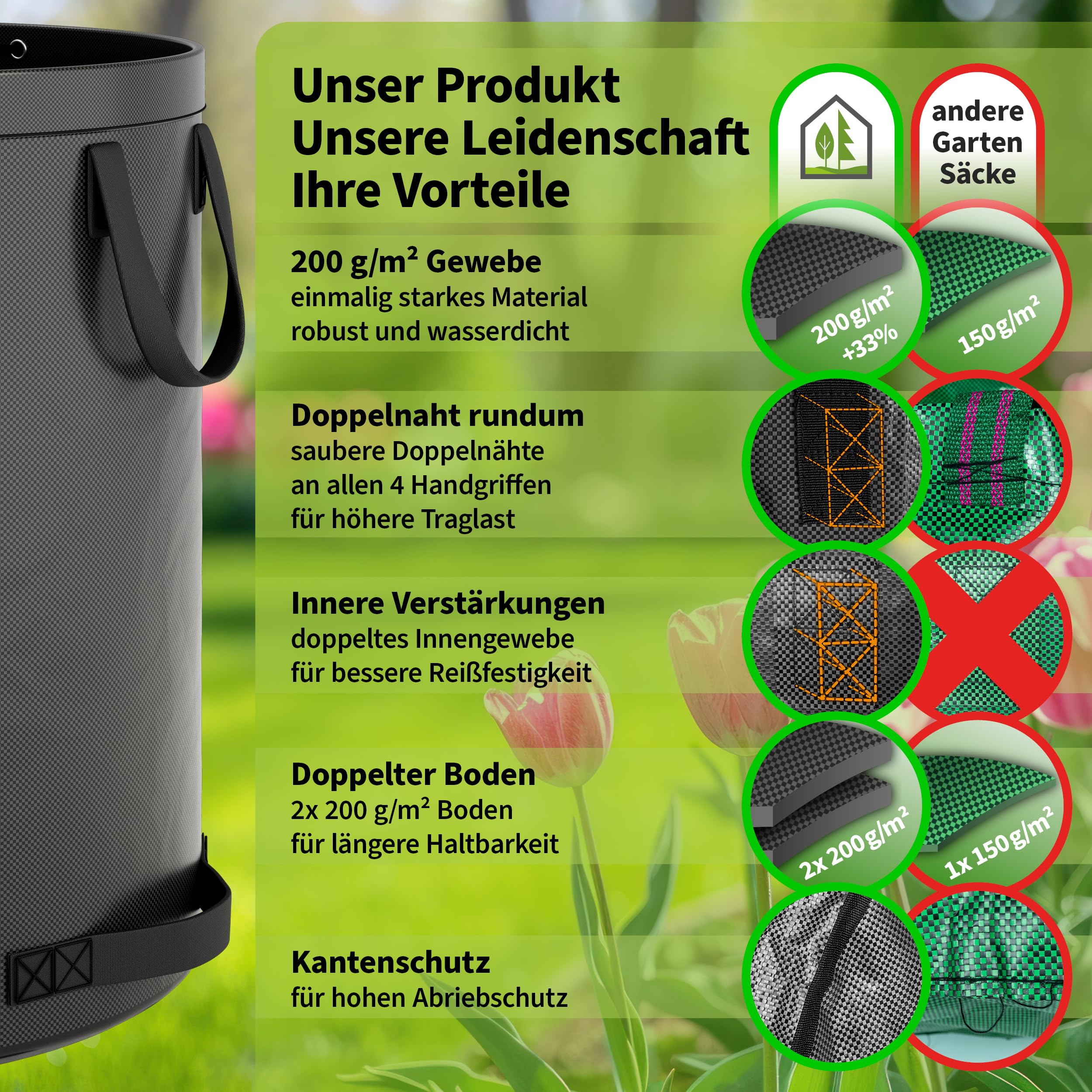 TTL Garden 3x 272L SUPER SOLID Gartensack grau - DOPPELTER BODEN 2x200 gsm extra stabil & reißfest selbststehend 4 Griffe groß robust 3er Set Laubsack Abfallsack für Gras Laub Hecke Gartenabfall