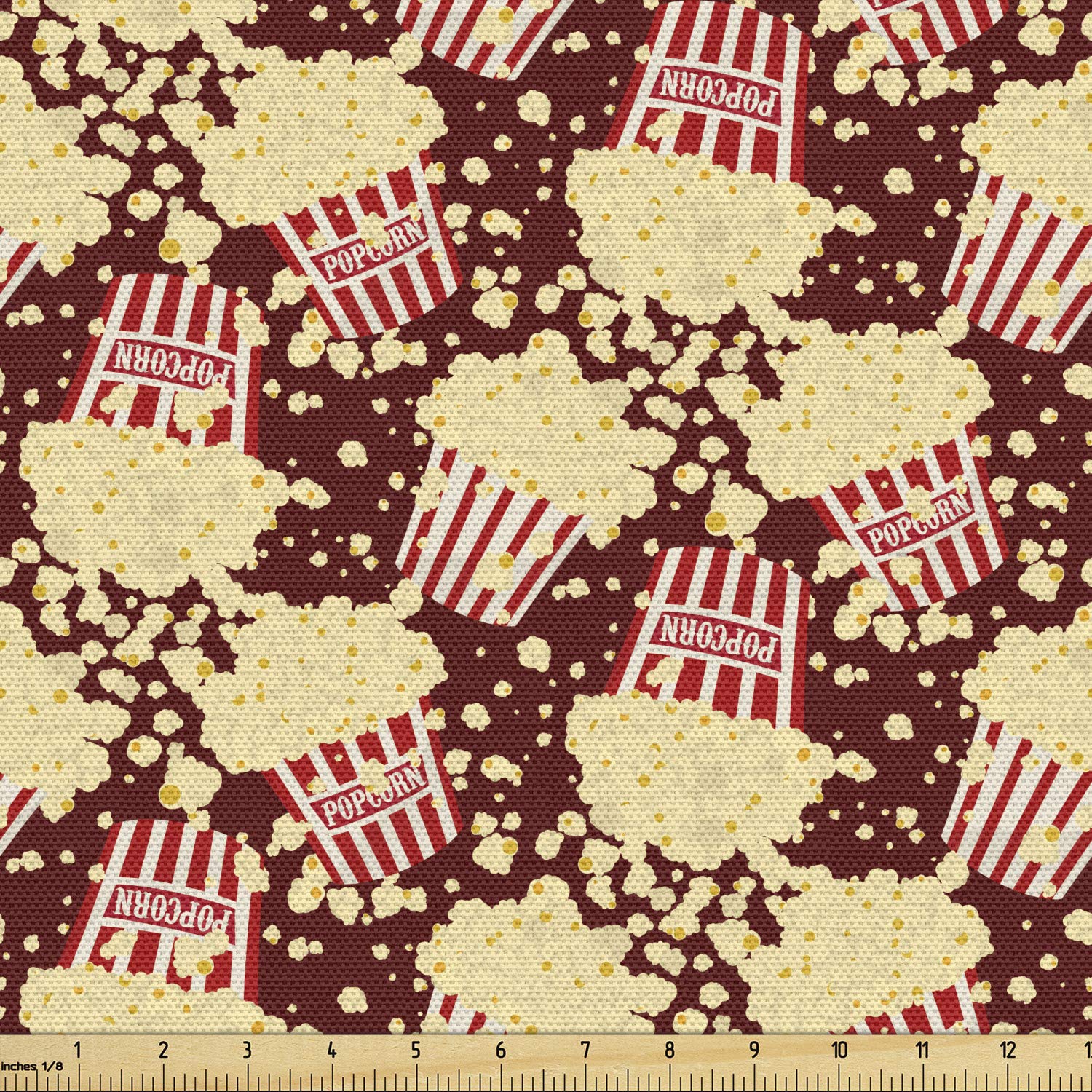 Ambesonne Hobby Fabric by The Yard, Movie Themed Illustration of Repeating Popcorn Fun Times and Activities, Decorative Fabric for Upholstery and Home Accents, 1 Yard, Maroon Multicolor
