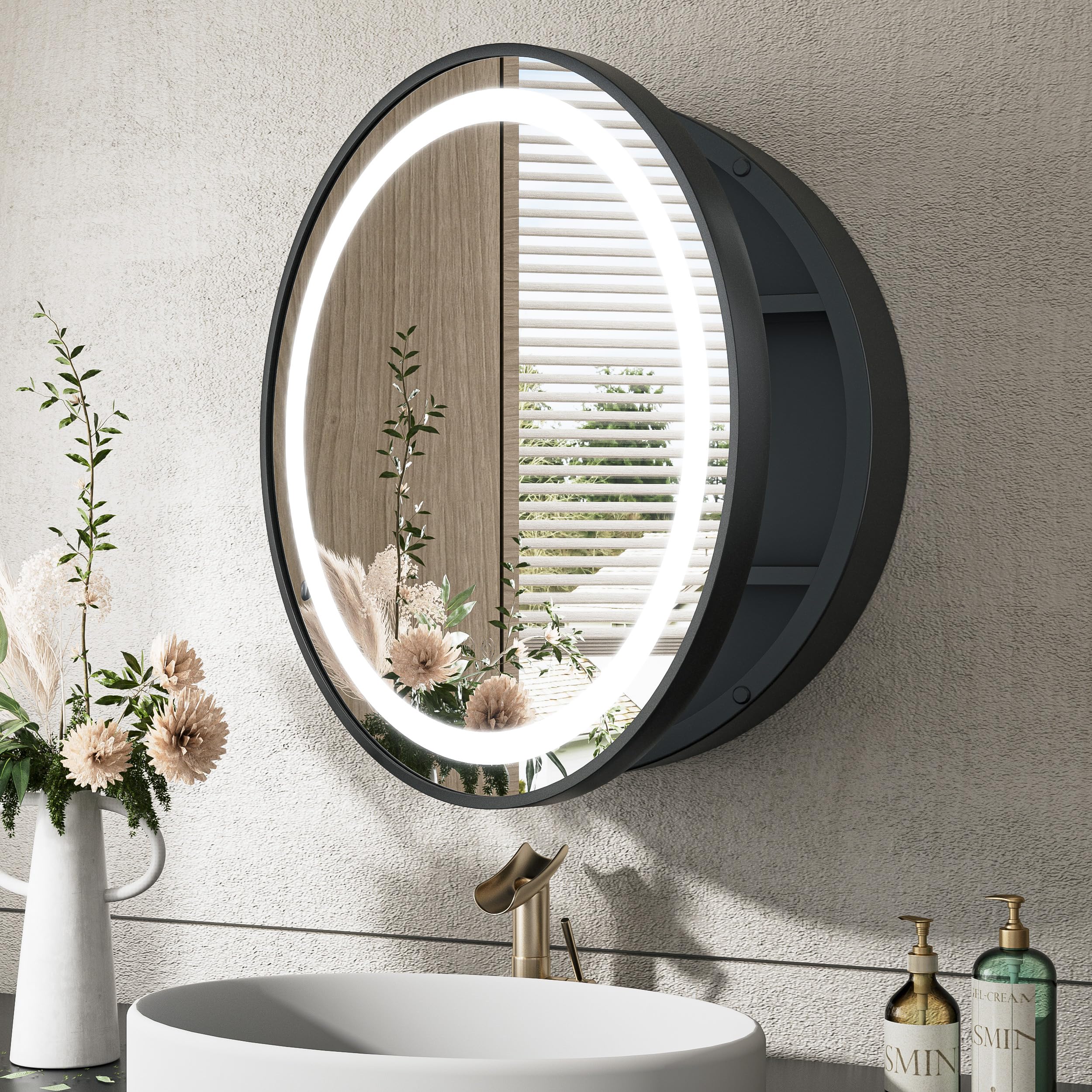 TokeShimi 24 Inch Round Led Medicine Cabinet Mirror for Bathroom with Defogger, 3 Color Lights Mirror with Storage Dimmable Wall Mount Mirrored