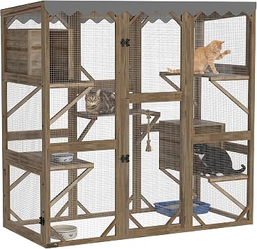 PawHut Catio Outdoor Cat Enclosure, Wooden Cat House with Window Access, 5 Platforms and 2 Resting Box, Waterproof Roof, Kitty Cage for Multiple Kittens, 59" H, Brown