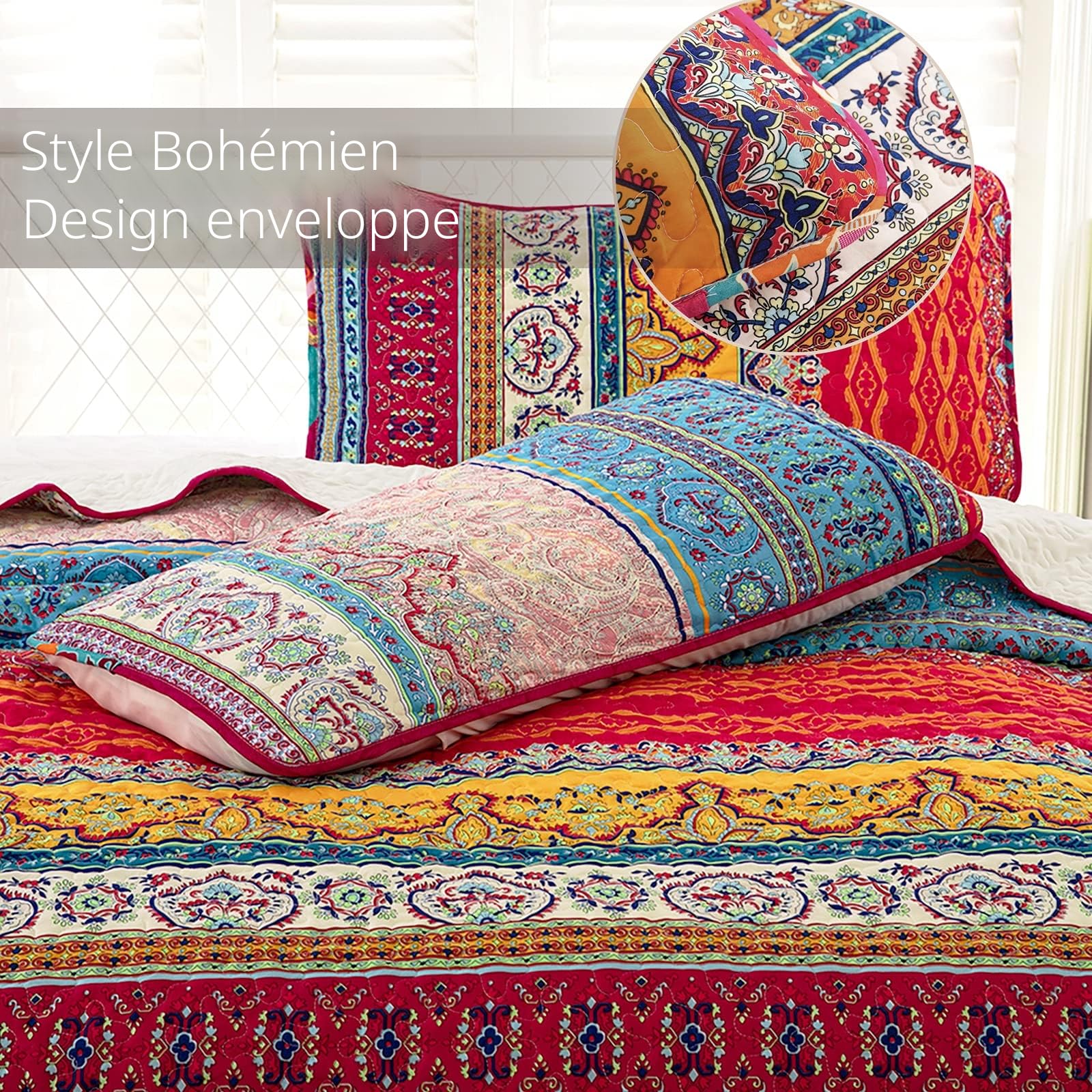 WONGS BEDDING Couvre-lit matelassé bohème Double 3 pièces Patchwork Courtepointe réversible Doux literie en Microfibre 220 * 240 cm