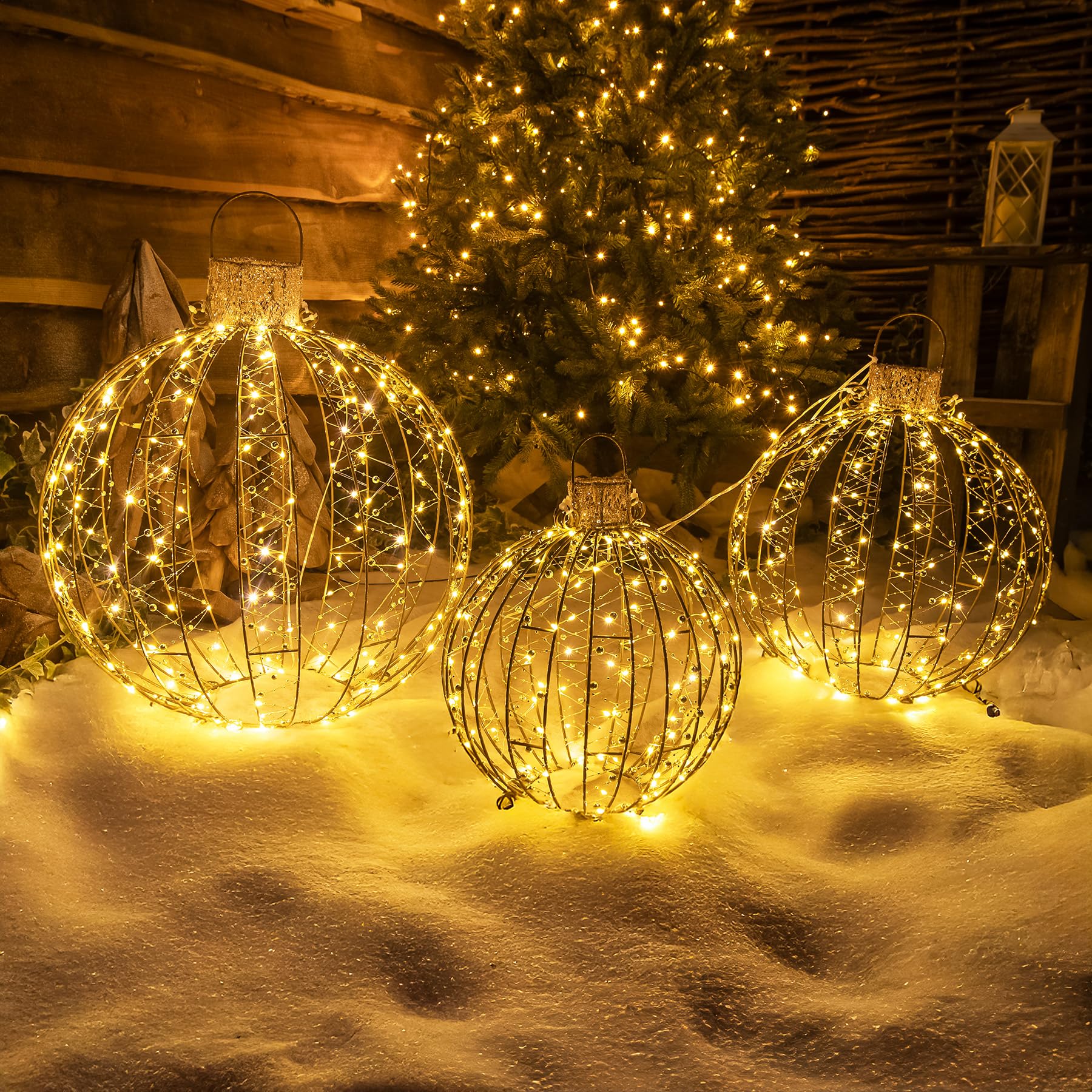 Pre-Lit Christmas Set of 3 Gold Light-Up Balls with 360 Warm White LED Lights