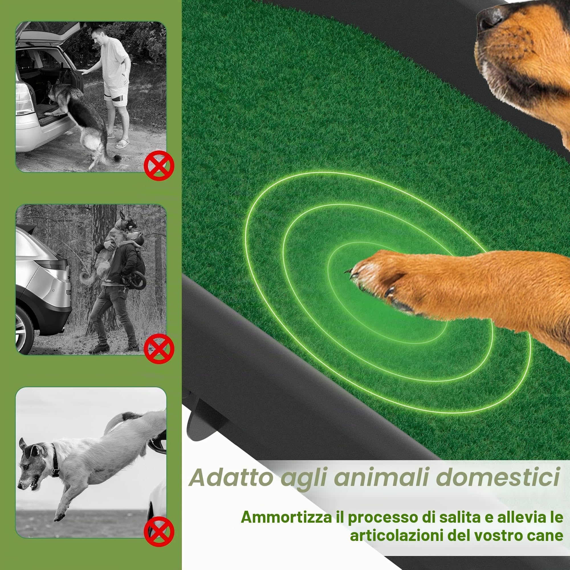 Rampa per cani pieghevole con erba artificiale, rampa per cani antiscivolo fino a 90 kg, scala per cani grandi e piccoli, rampa per bagagliaio auto, scala per cani, 156 x 40 cm, verde