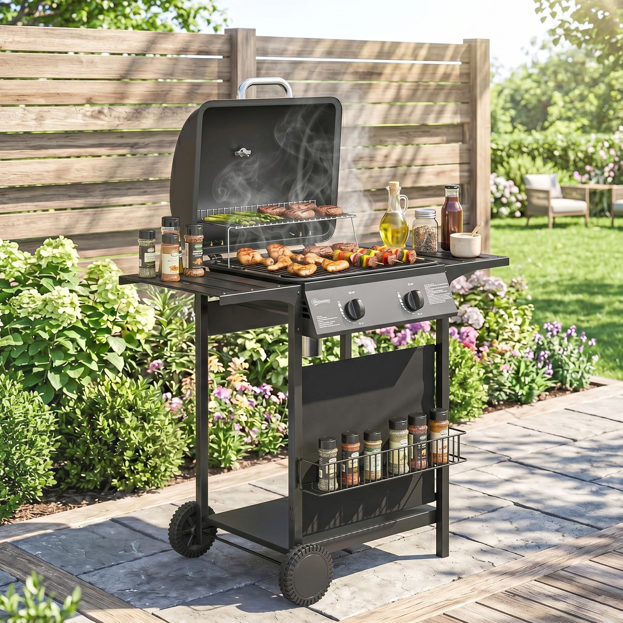 Outsunny Barbecue a Gas 2 Bruciatori 5KW BBQ Portatile Griglia Acciaio Inox con Ruote Giardino