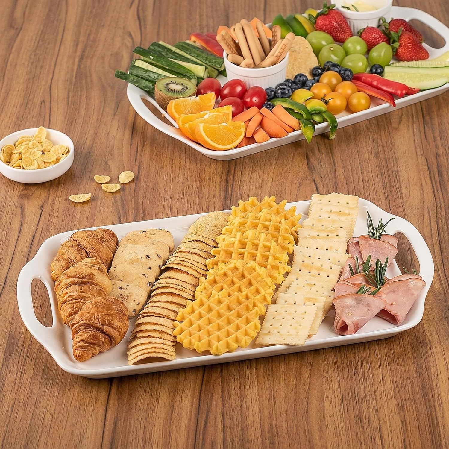 Dizada Serving Tray with Handles 16"x9.5" - White Porcelain Platters 3-Pack, Large Rectangular Serving Platters for Party, Entertaining, Fruit, Turkey, Dessert