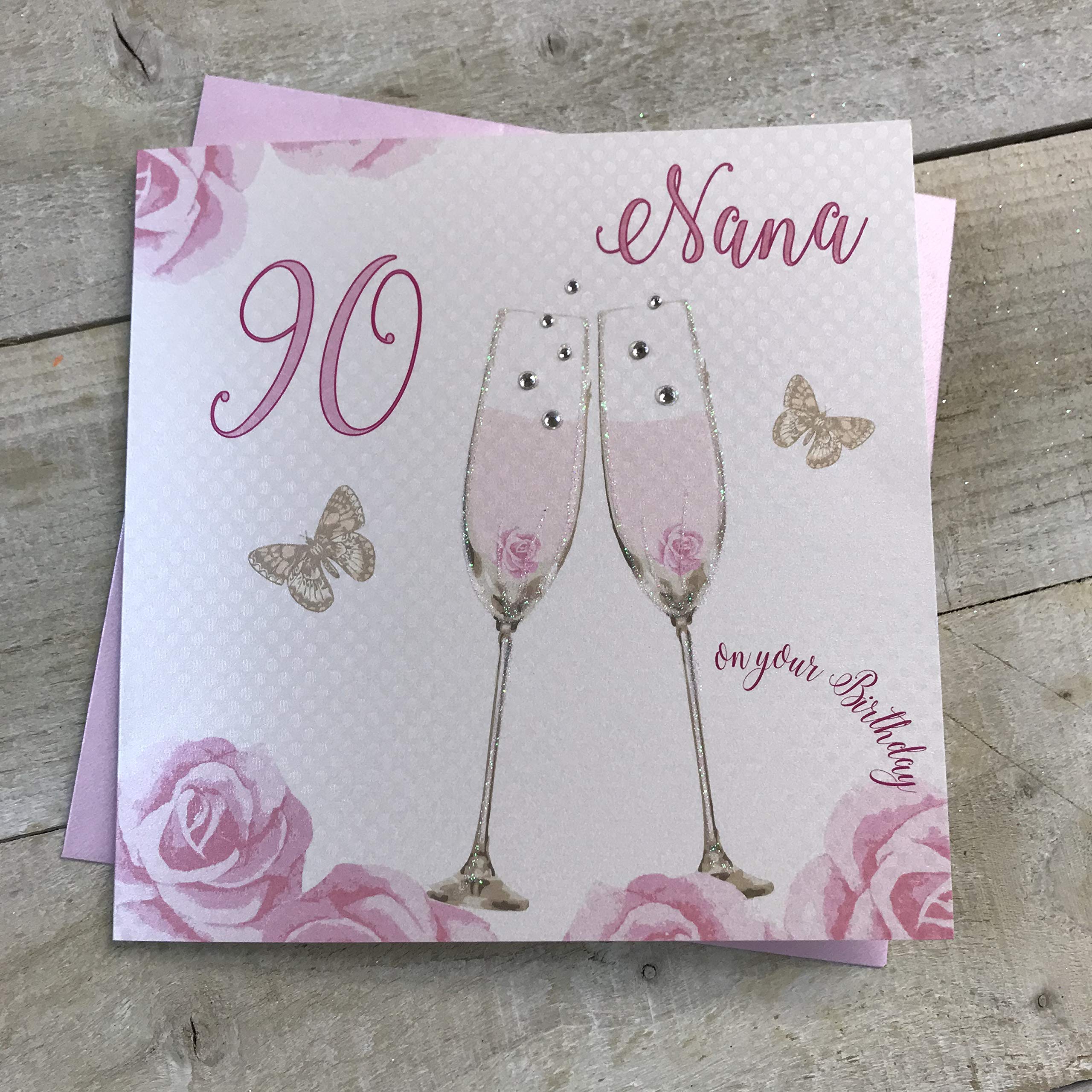 WHITE COTTON CARDS Happy 90th Birthday Card Nana Champagne Glasses Pink Roses SS42-NANA90