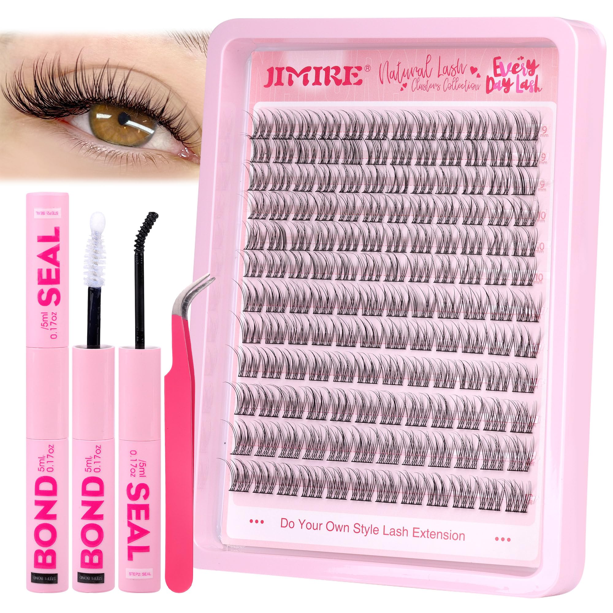 JIMIRE Natural Lash Extension Kit Wispy 9-12MM Lash Clusters Kit C Curl Eyelash Extensions Kit with Lash Bond and Seal Tweezers Cluster Eyelash Extensions 144Pcs for Beginners Friendly