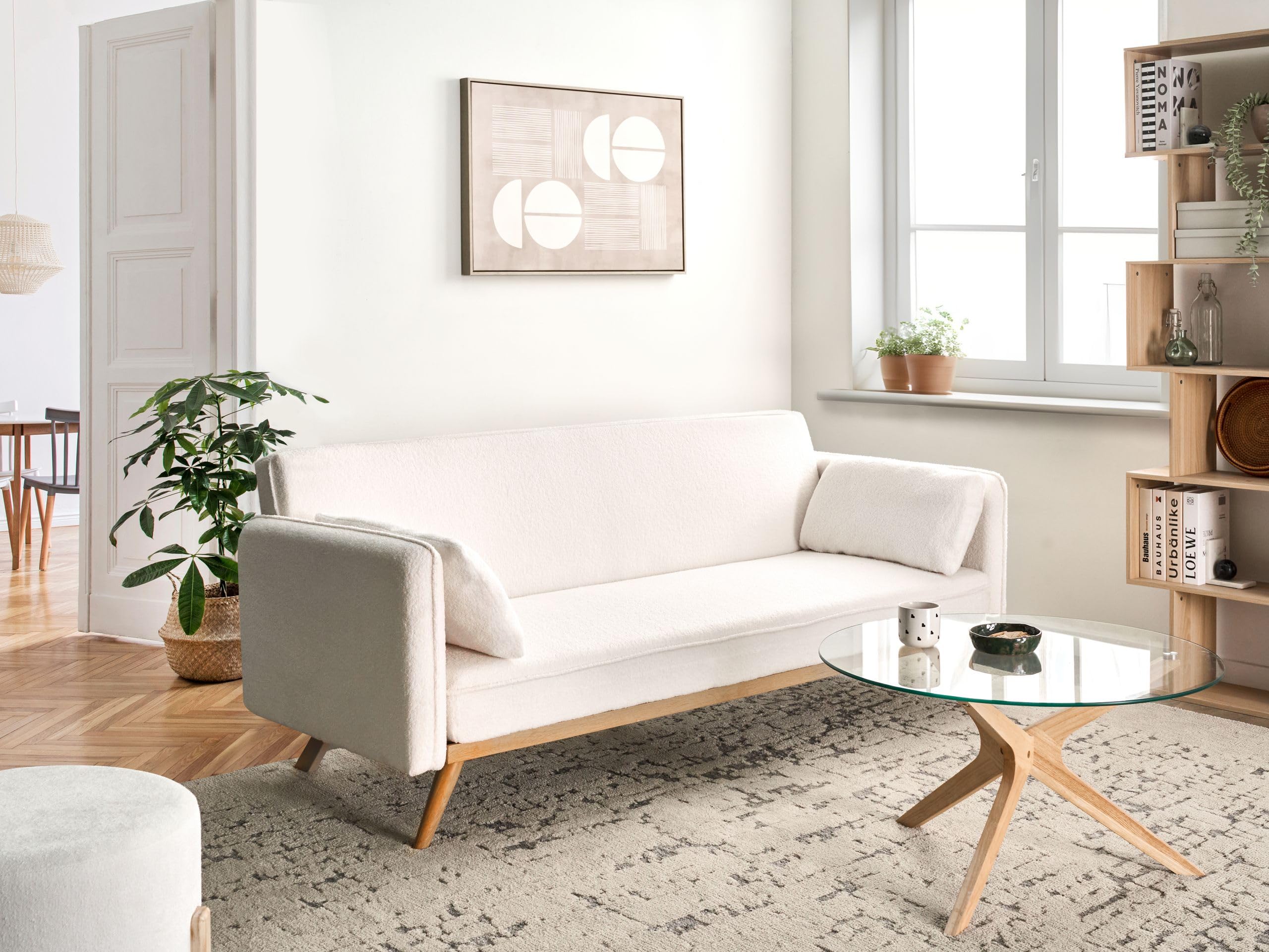 3-Sitzer Sofa Bouclé creme weiß Schlaffunktion Dekokissen Schlafsofa Asaa