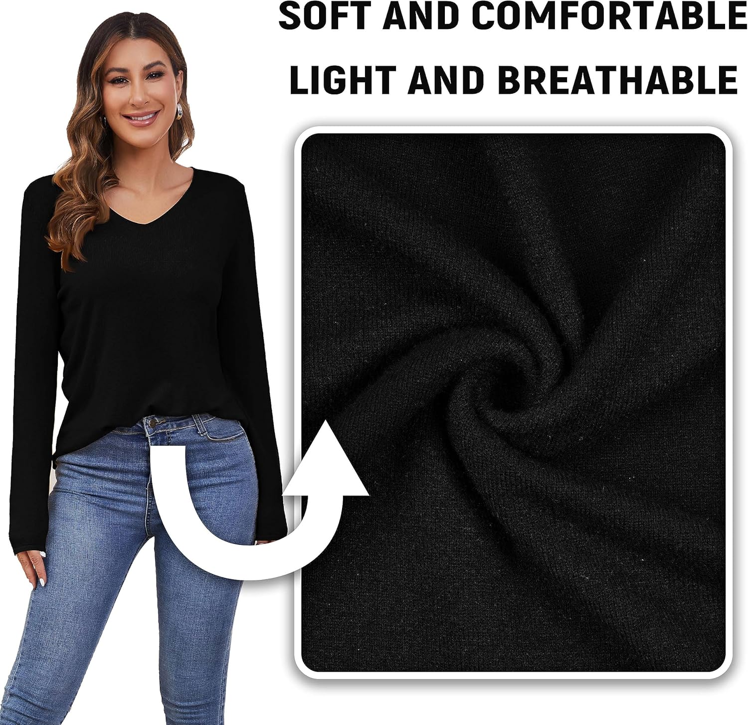 Women's V Neck Pullover Sweater Long Sleeve Soft Knit Lightweight Jumper Tops - Image 5