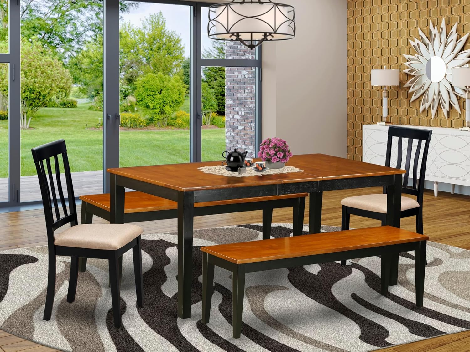 East West Furniture NIAN5N-BCH-C 5 Piece Dining Table Set Includes a Rectangle Wooden Table with Butterfly Leaf and 2 Linen Fabric Dining Chairs with 2 Benches, 36x66 Inch, Black & Cherry