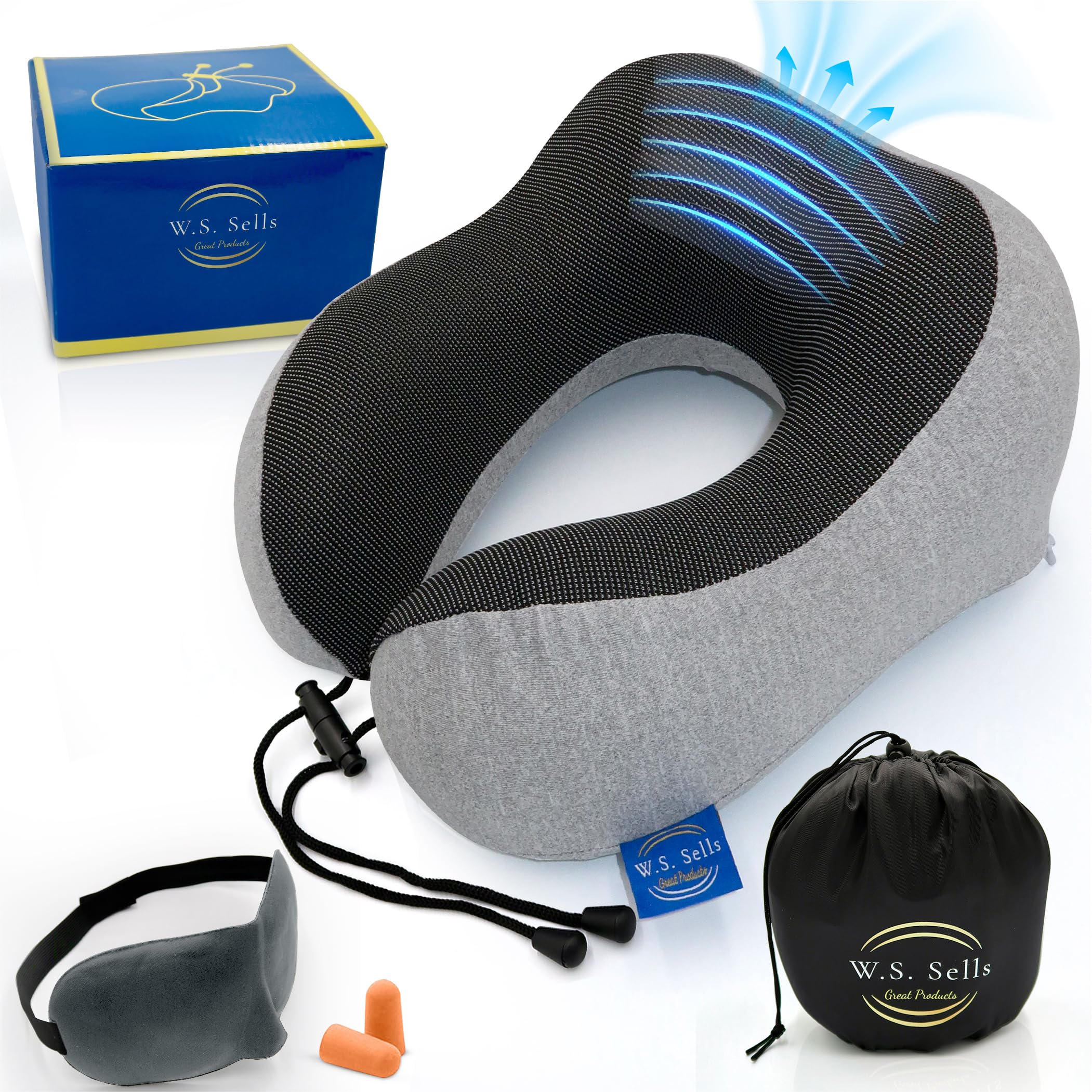 W.S. Vende almohadas de cuello de viaje para aviones, espuma viscoelástica pura con diseño ergonómico y tela transpirable, almohadas de viaje para aviones y automóviles, juego de artículos esenciales