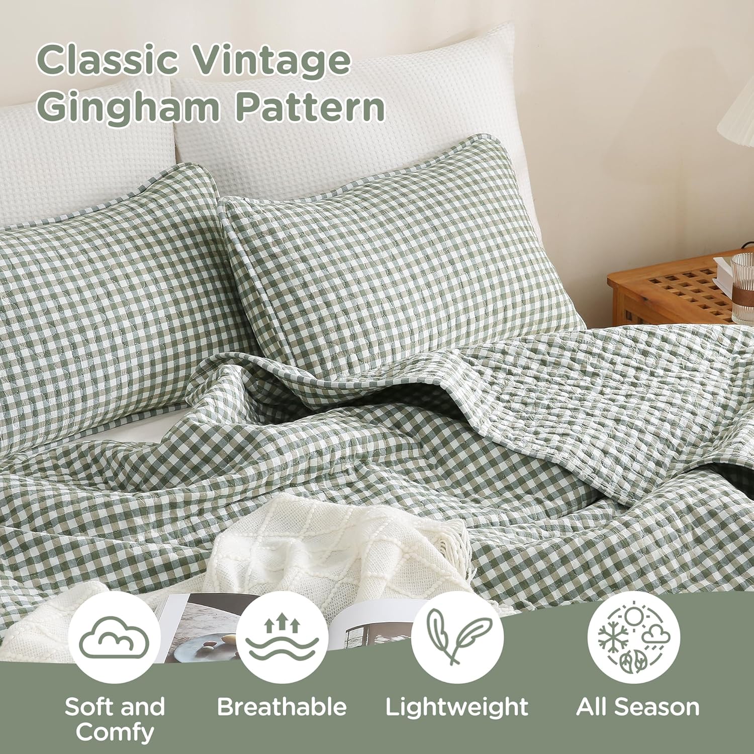 TOCOMOA Green Brown Gingham Quilt Bedding Set 100% Washed Cotton Bedspread Coverlet Like Linen Feel Soft Comfy Breathable 3 Pcs Plaid Checkered Lightweight Comforter Set for All Season, Queen 96"x90"