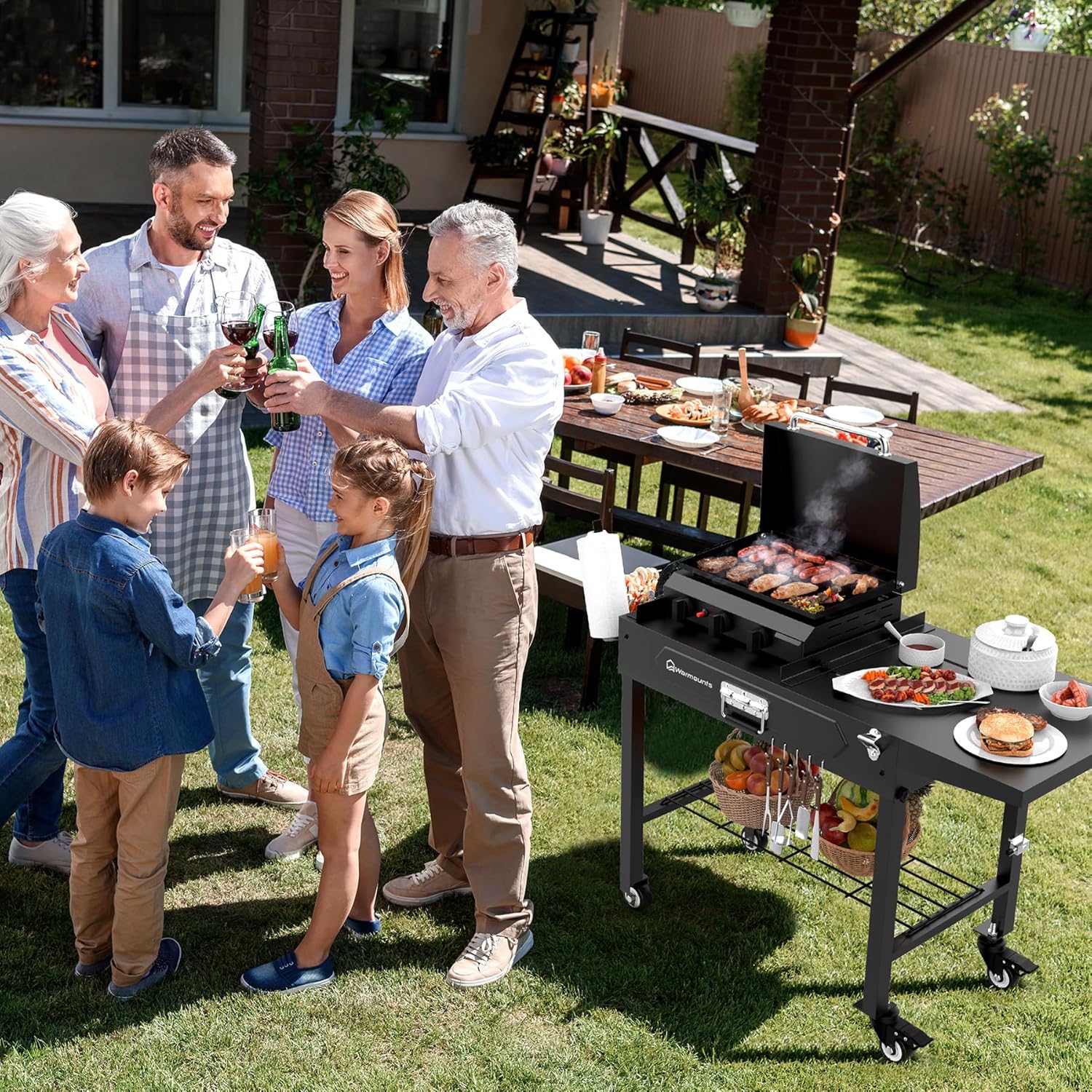 Grill Table for Outside, Portable Folding Grill Cart with Wheels and Adjustable Tabletop, 400 Lbs Weight Capacity, Movable Griddle Stand Fit 17'' or 22'' for Camping, BBQ, Cooking