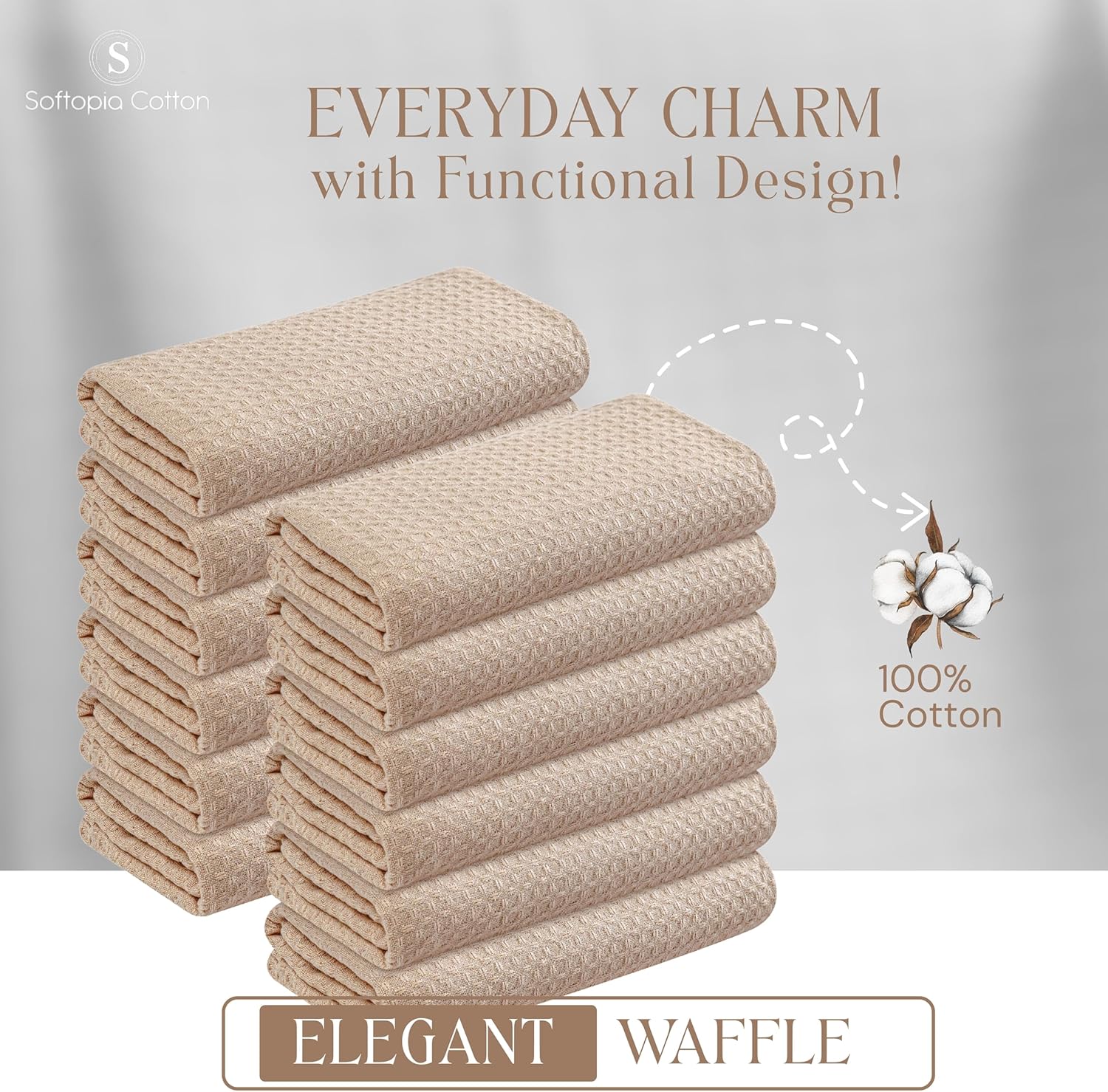 Beige Waffle Kitchen Dish Towels, 100% Cotton, Quick Dry, Super Absorbent, Soft, Lint-Free, 16x26 Inches - Ideal for Dish Drying, Bar, Tea, Cleaning, and Everyday Use, 12 Pack, Tan