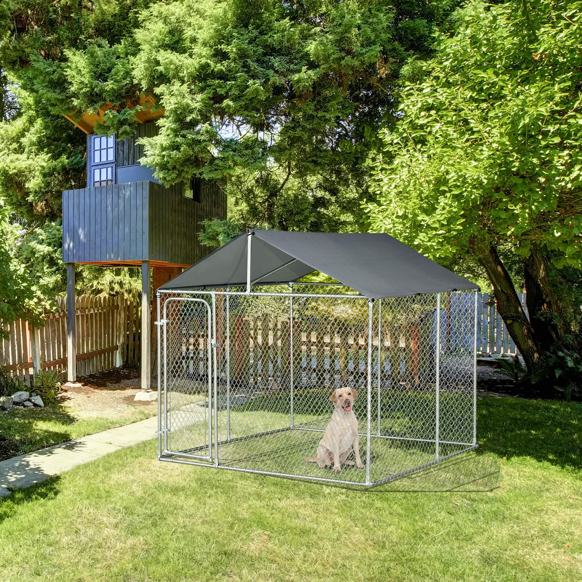 PawHut Outdoor Dog Kennel Galvanized Steel Fence with Cover Secure Lock