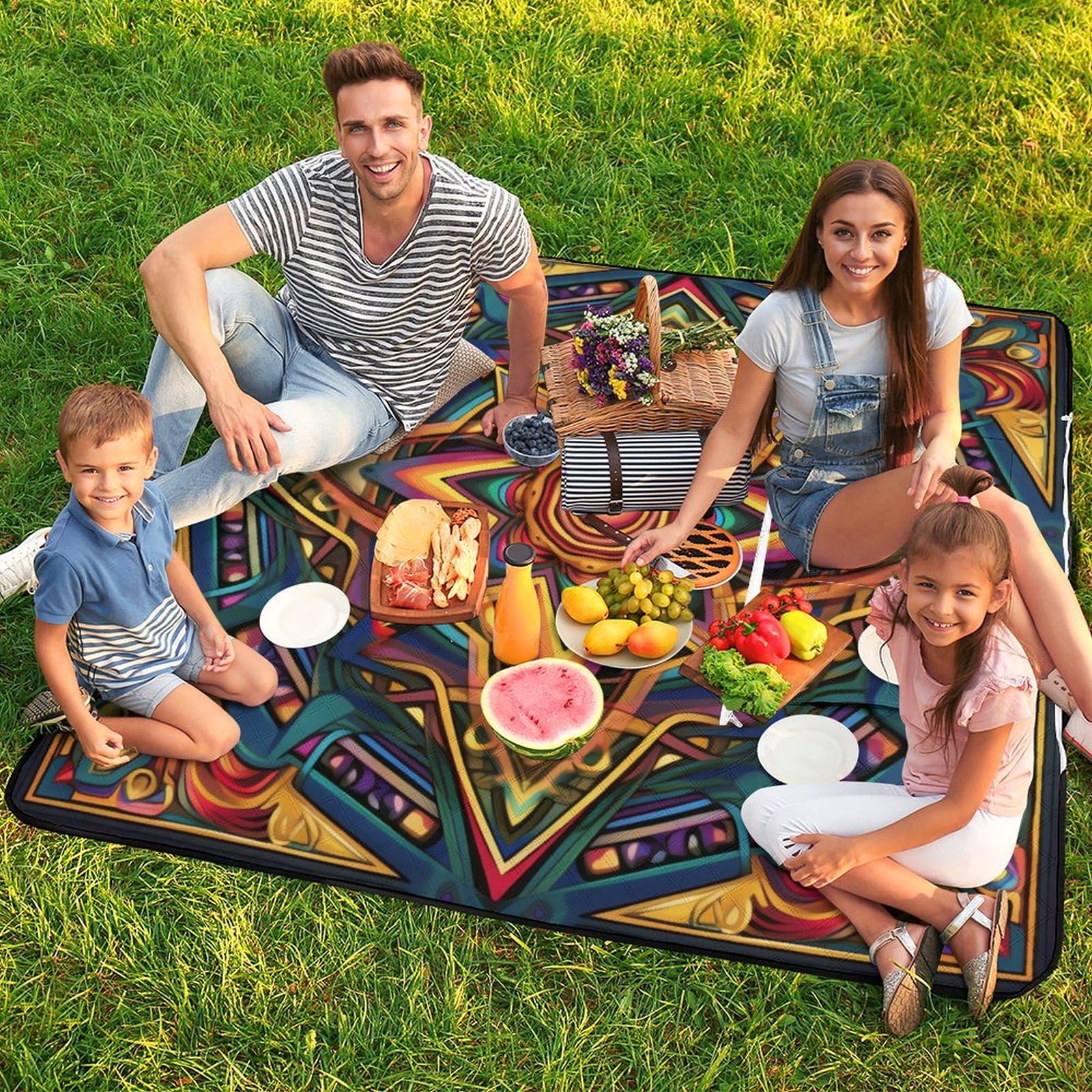 3D Impression Bohème Couverture Pique Nique Art Tapis Pique Nique Nappe Picnic Couverture De Pique-Nique pour Camping, Parc, Jardin 148x148cm
