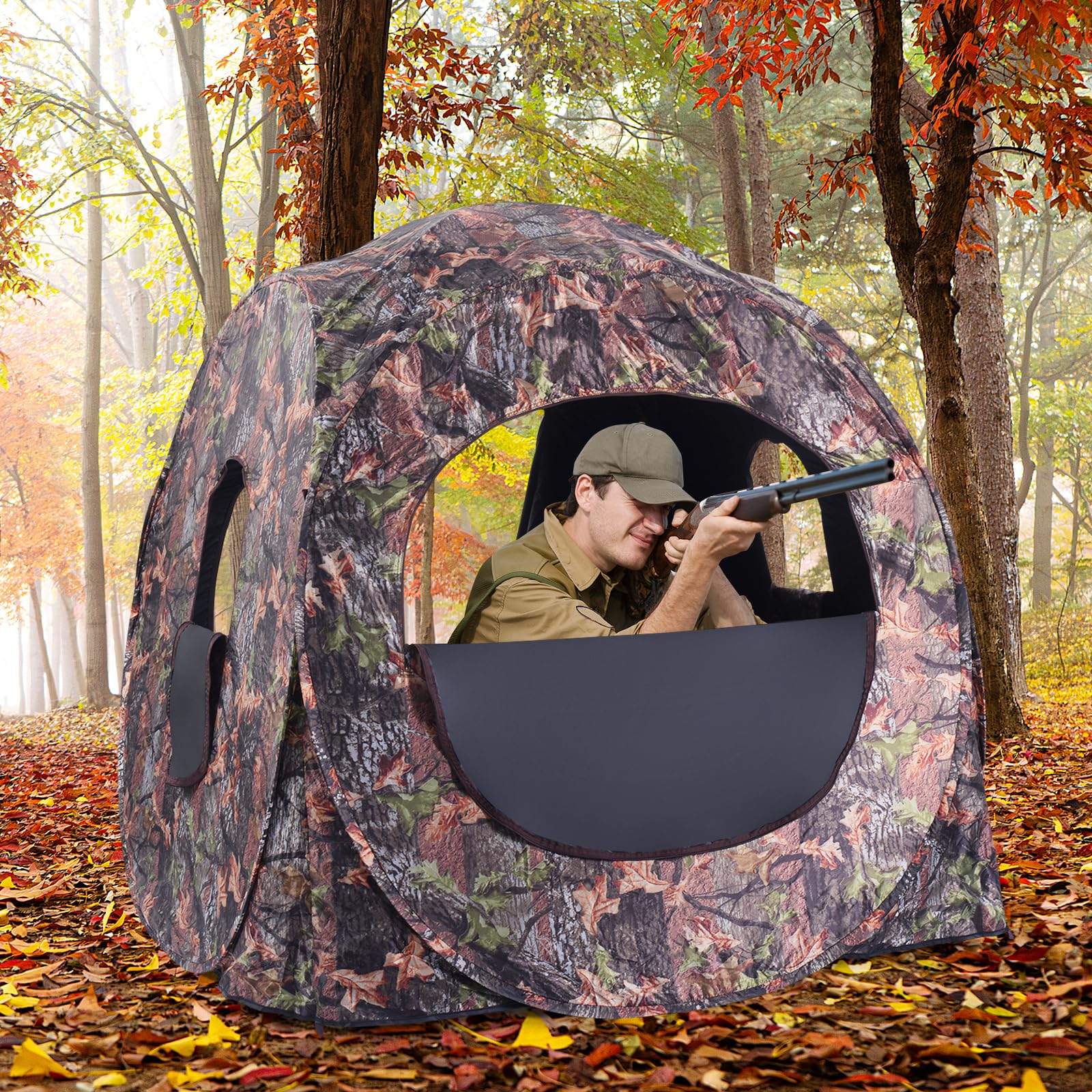 GYMAX Tenda da Caccia Mimetica, Palo da Caccia Pop-Up Portatile, con Finestra a Rete, Picchetti per il Terreno, Borsa per il Trasporto, Facile da Montare per Campeggio a Caccia di Cervi/Tacchini