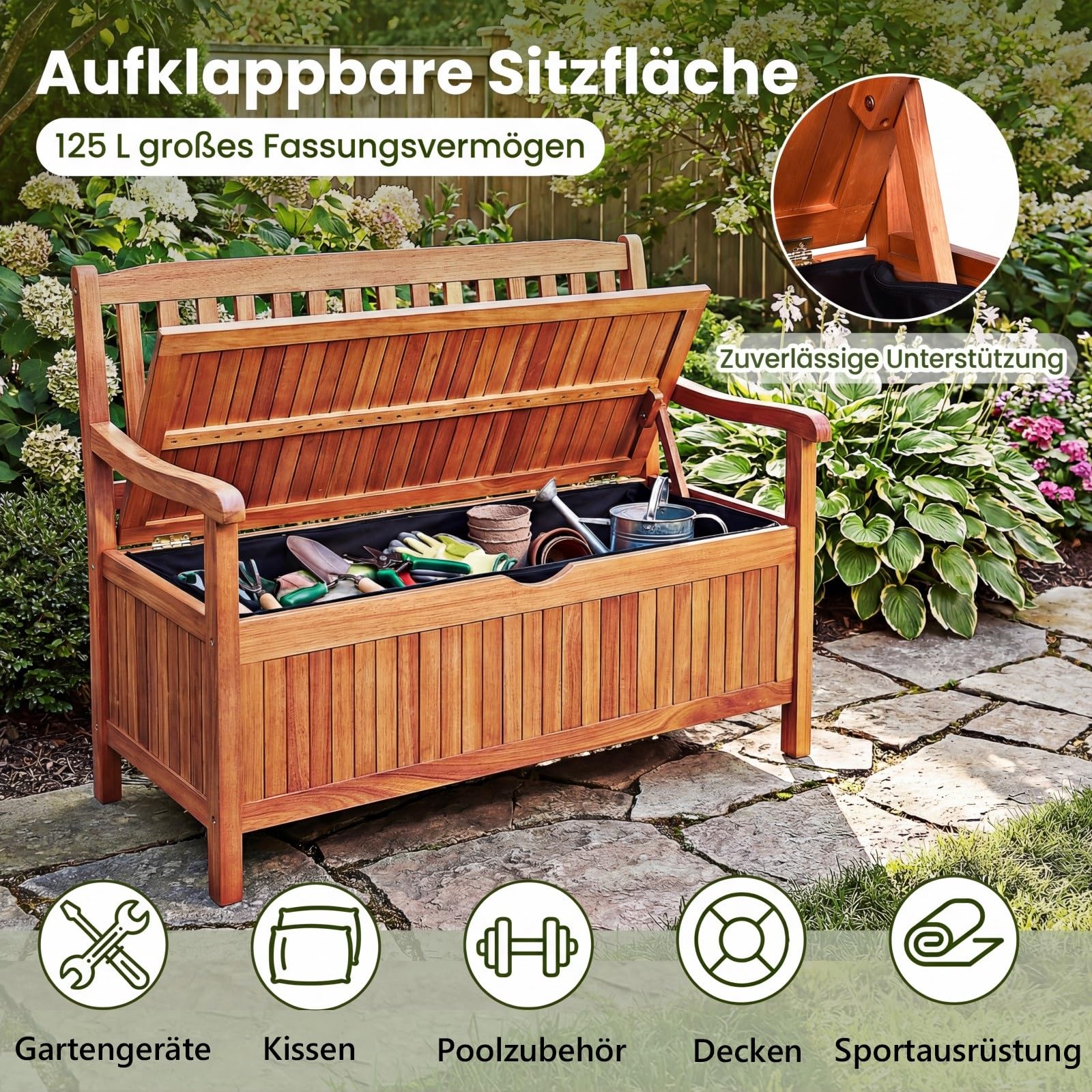 GIANTEX Gartenbank Holz mit Stauraum, Truhenbank mit Aufbewahrungsbox, 2-Sitzer Sitzbank Massivholz bis 360 kg belastbar, Terrassenbank Outdoor, Garten Holzbank mit Arm- & Rücklehne, 107x59x90cm