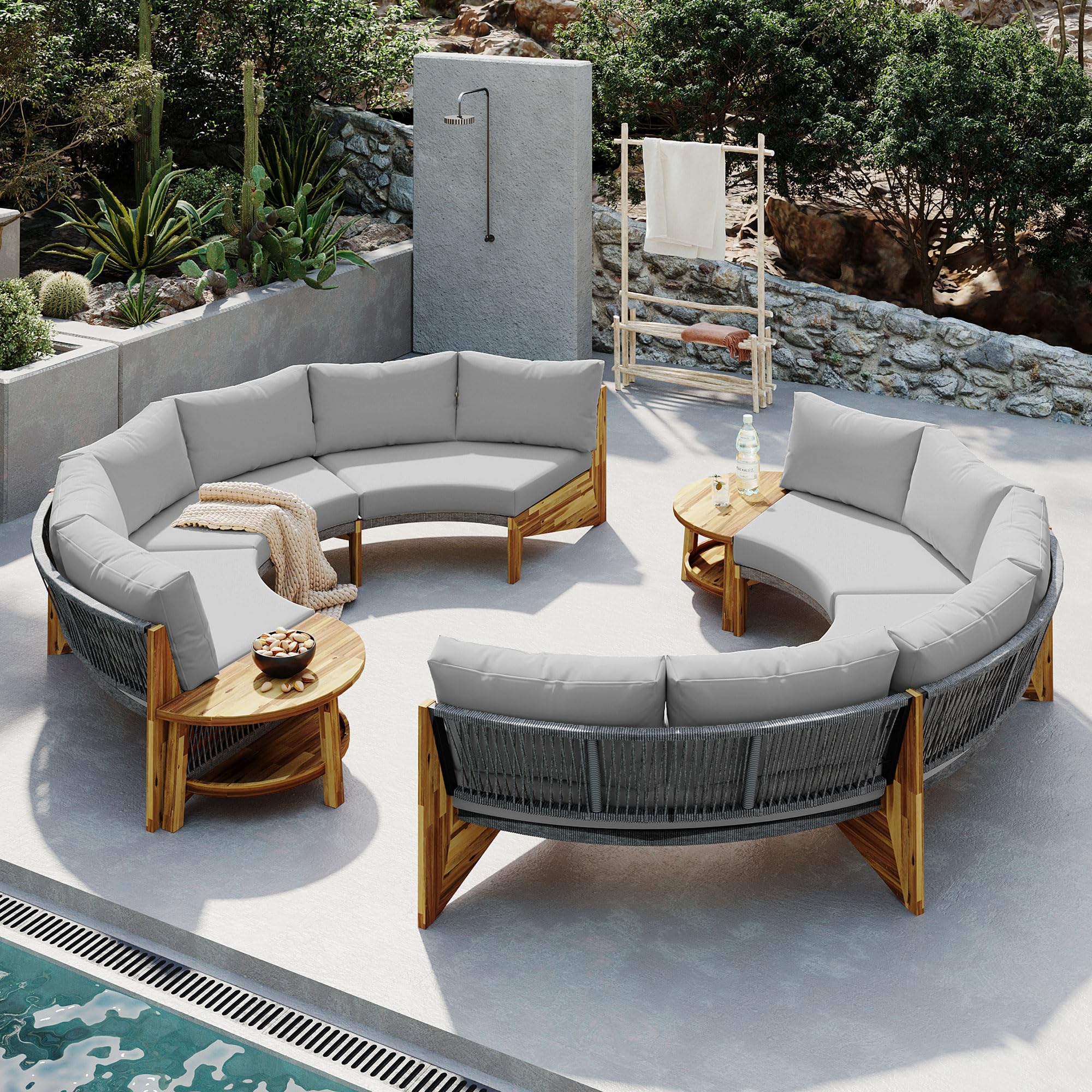 (incomplet Three Boxes of 6 )(3 box for pickup)6-Person Outdoor Seating Group with Cushions and A Coffee Table, Half Moon Outdoor Sectional Sofa Set, Acacia Wood Outdoor Patio Furniture for Balcony, Vourtyard, Garden (Gray-63Z)