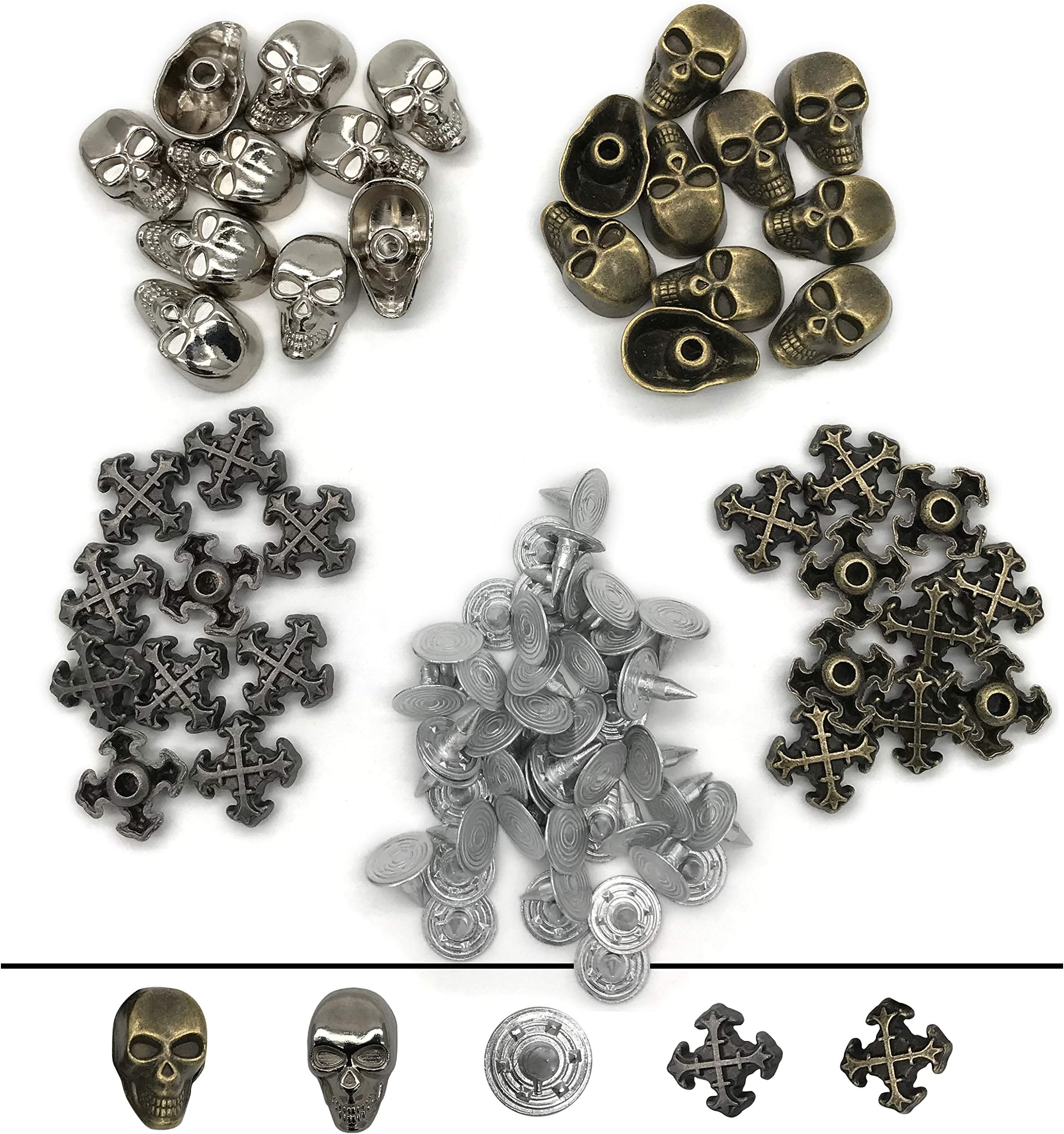 80Pcs Jeans Buttons, Skull Head and Cross Rapid Rivets Studs, Metal Tack Buttons Spike, Speedy Rivets for Fabric Leather Craft Crafting Decoration