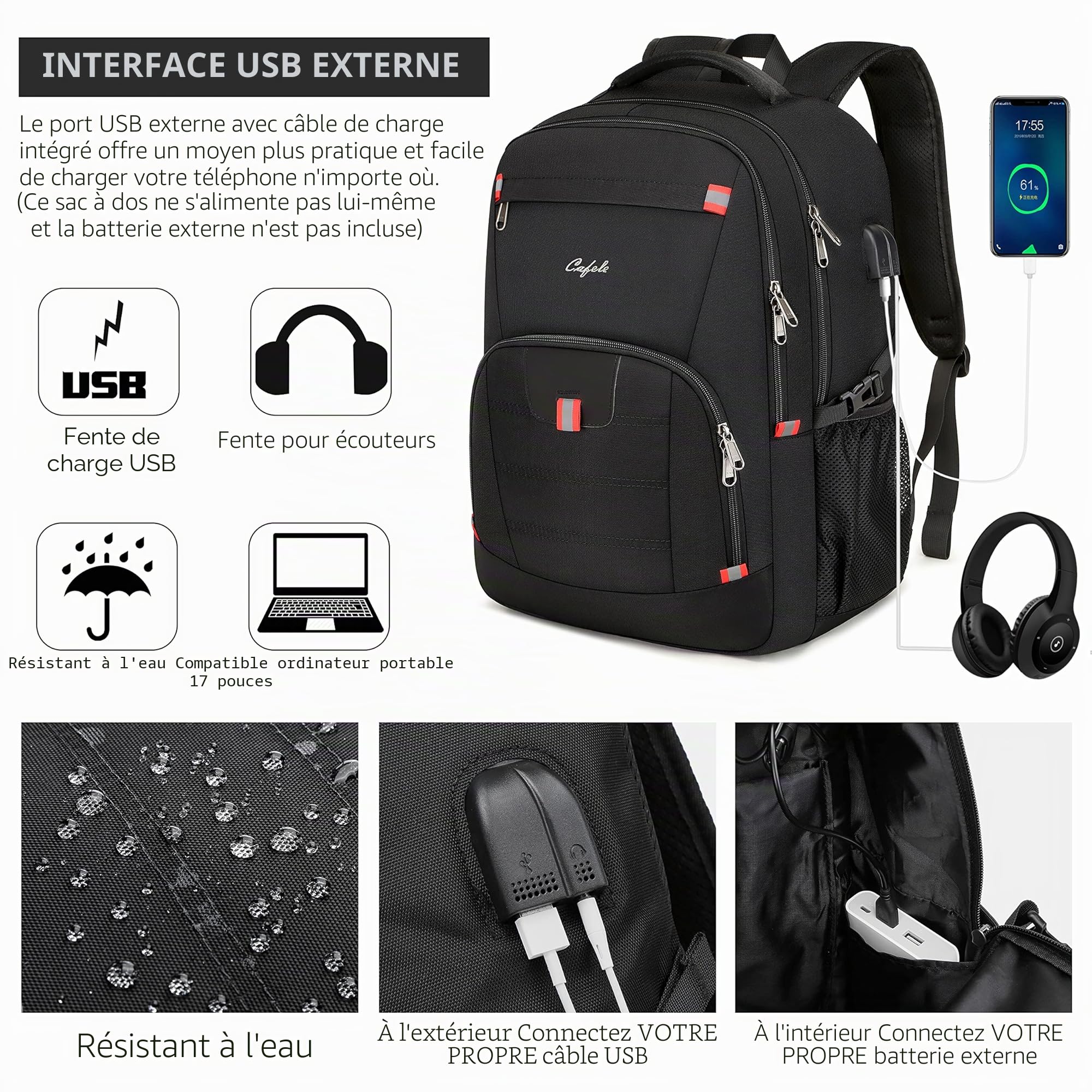 CAFELE Sac à Dos antivol pour Ordinateur Portable RFID, Cartable pour Jeunes, avec Port de Chargement USB, Voyage étanche, adapté aux Sacs à Dos d'affaires pour Hommes et Femmes